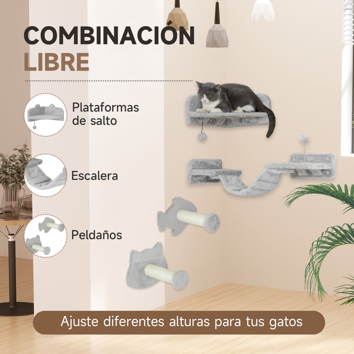 PawHut Juego de Estanterías para Gatos de 4 Piezas Rascador de Pared para Gatos con 2 Postes de Sisal Plataforma Doble con Escalera Suave y 1 Plataforma para Saltar Beige