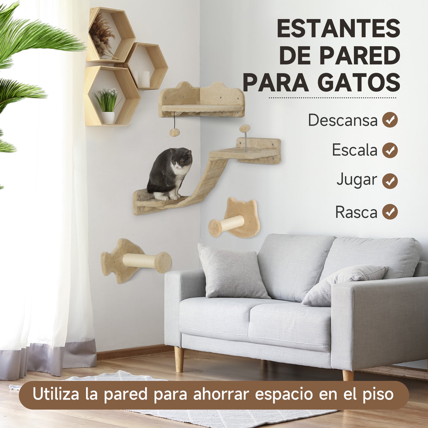 PawHut Juego de Estanterías para Gatos de 4 Piezas Rascador de Pared para Gatos con 2 Postes de Sisal Plataforma Doble con Escalera Suave y 1 Plataforma para Saltar Beige