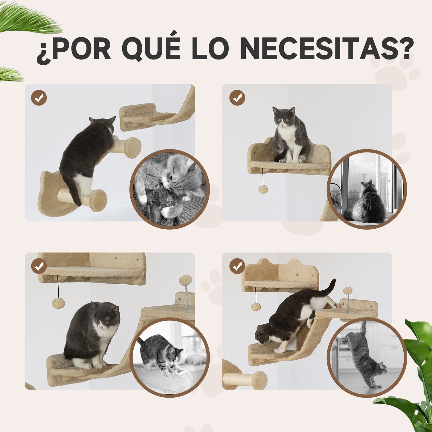 PawHut Juego de Estanterías para Gatos de 4 Piezas Rascador de Pared para Gatos con 2 Postes de Sisal Plataforma Doble con Escalera Suave y 1 Plataforma para Saltar Beige