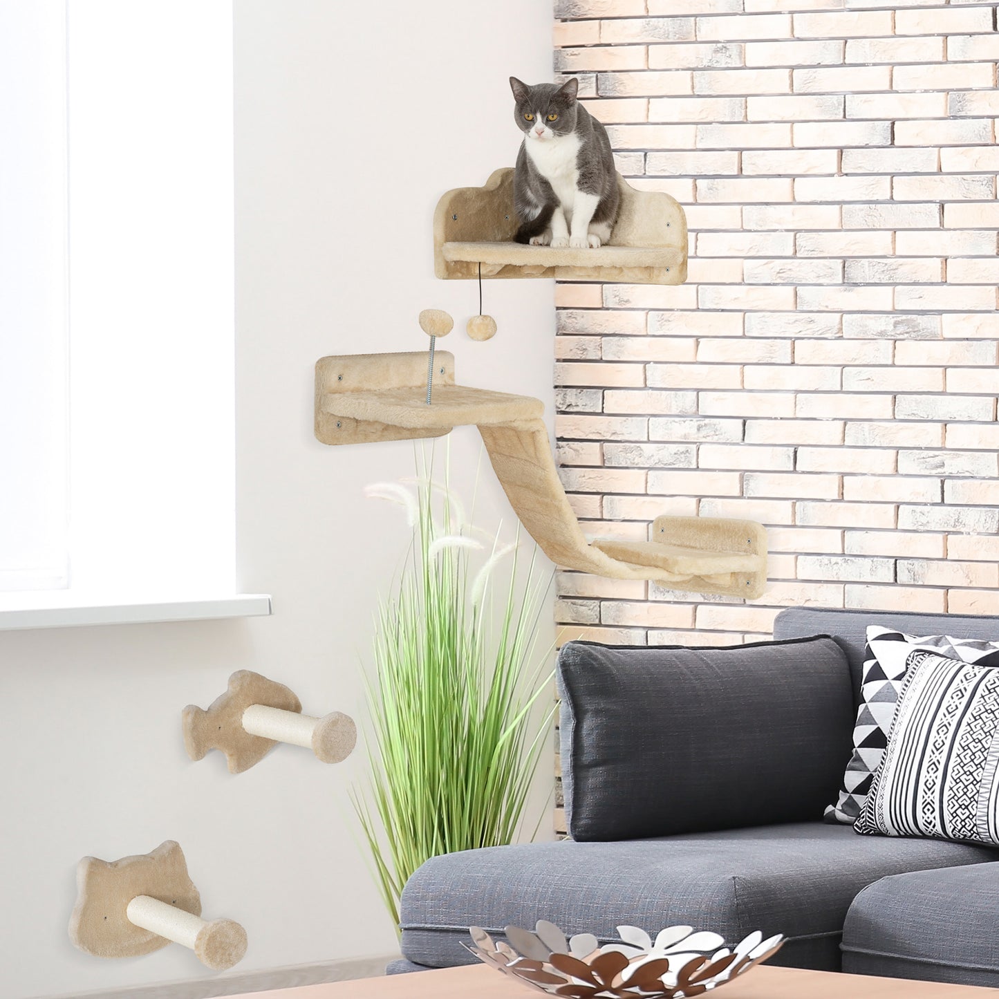 PawHut Juego de Estanterías para Gatos de 4 Piezas Rascador de Pared para Gatos con 2 Postes de Sisal Plataforma Doble con Escalera Suave y 1 Plataforma para Saltar Beige