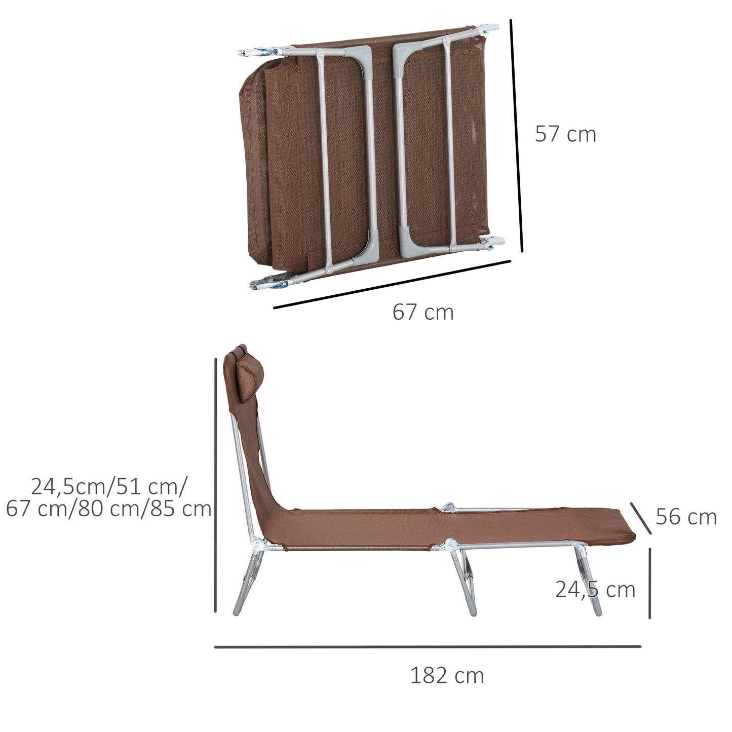 Outsunny Tumbona Plegable y Reclinable de Jardín con Reposacabezas y Respaldo Ajustable en 5 Niveles Tela de Texteline Transpirable 182x56x28 cm Marrón