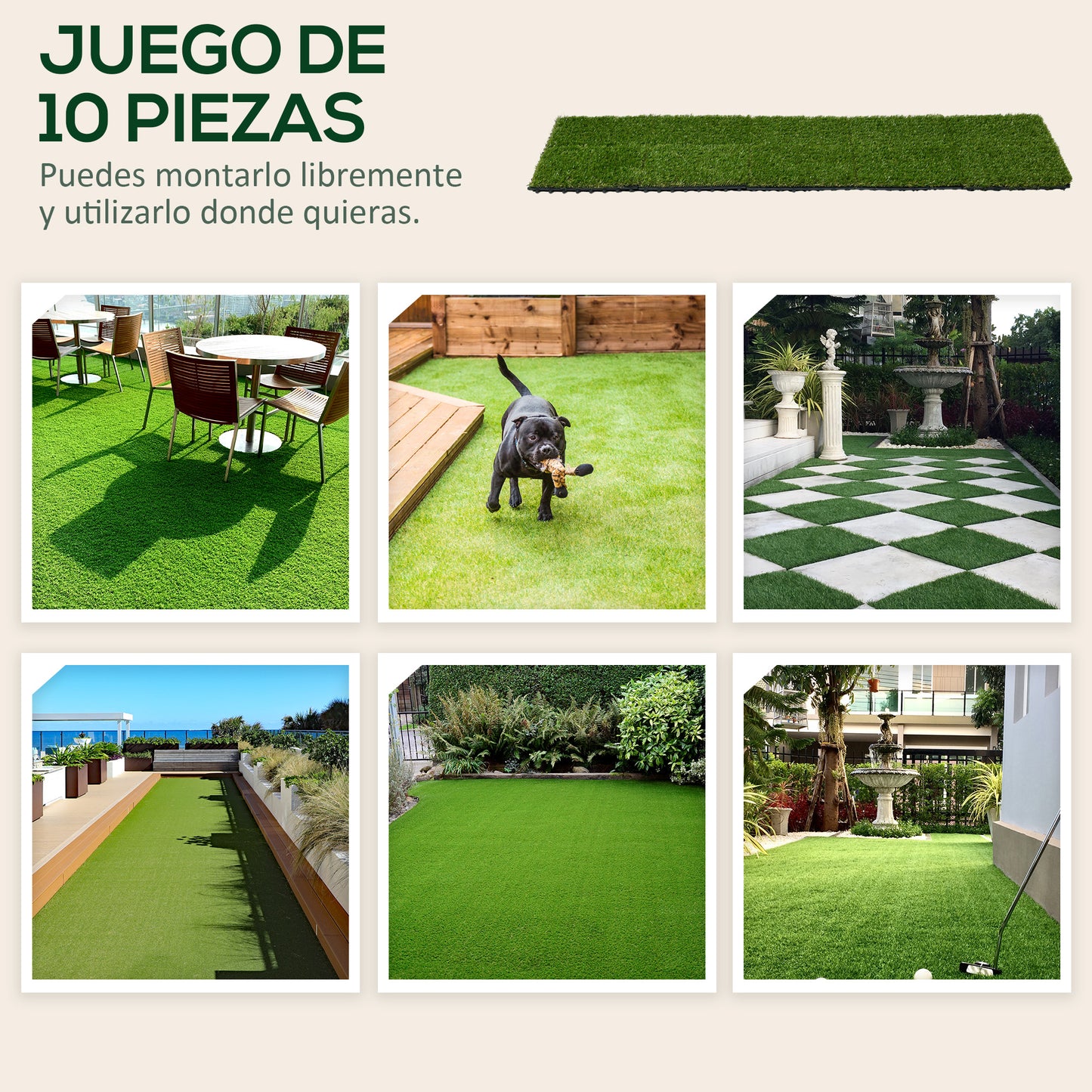 Outsunny Césped Artificial de 10 Piezas Alfombra Césped Artificial 30x30 cm con Altura de Hierba 25 mm Anti-UV Césped Sintético para Jardín Patio Balcón Verde Oscuro