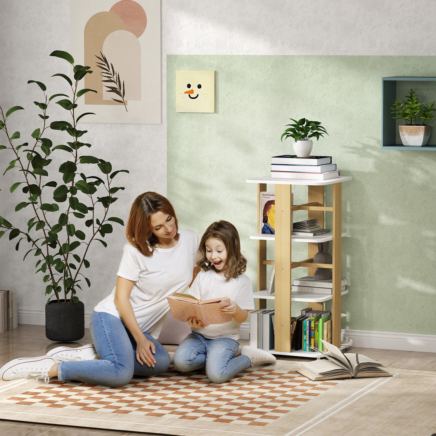 AIYAPLAY Librería Infantil Estantería para Libros Infantil con Ruedas Estantería Infantil con 3 Estantes para Guarderías Habitación Infantil Blanco y Natural