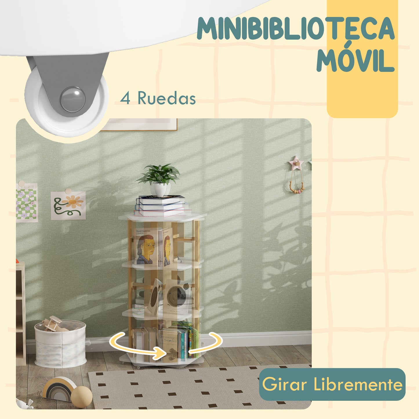 AIYAPLAY Librería Infantil Estantería para Libros Infantil con Ruedas Estantería Infantil con 3 Estantes para Guarderías Habitación Infantil Blanco y Natural