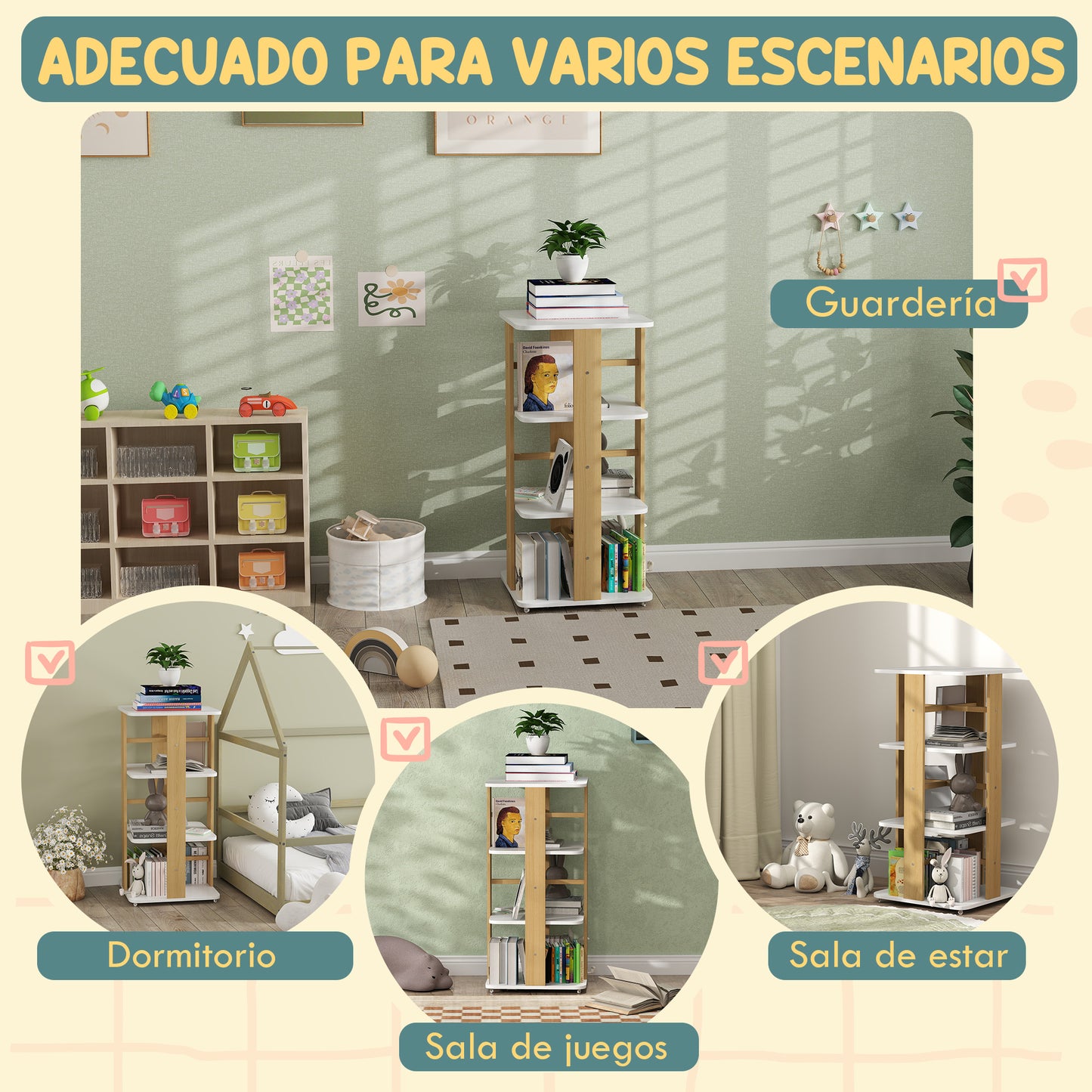 AIYAPLAY Librería Infantil Estantería para Libros Infantil con Ruedas Estantería Infantil con 3 Estantes para Guarderías Habitación Infantil Blanco y Natural