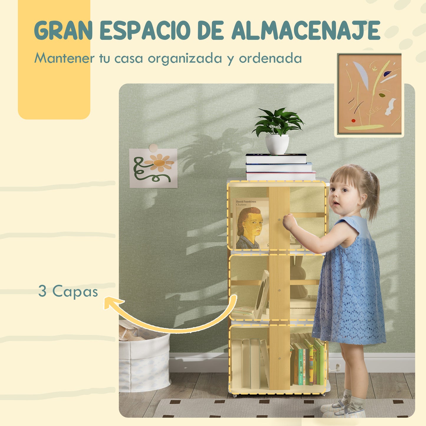 AIYAPLAY Librería Infantil Estantería para Libros Infantil con Ruedas Estantería Infantil con 3 Estantes para Guarderías Habitación Infantil Blanco y Natural