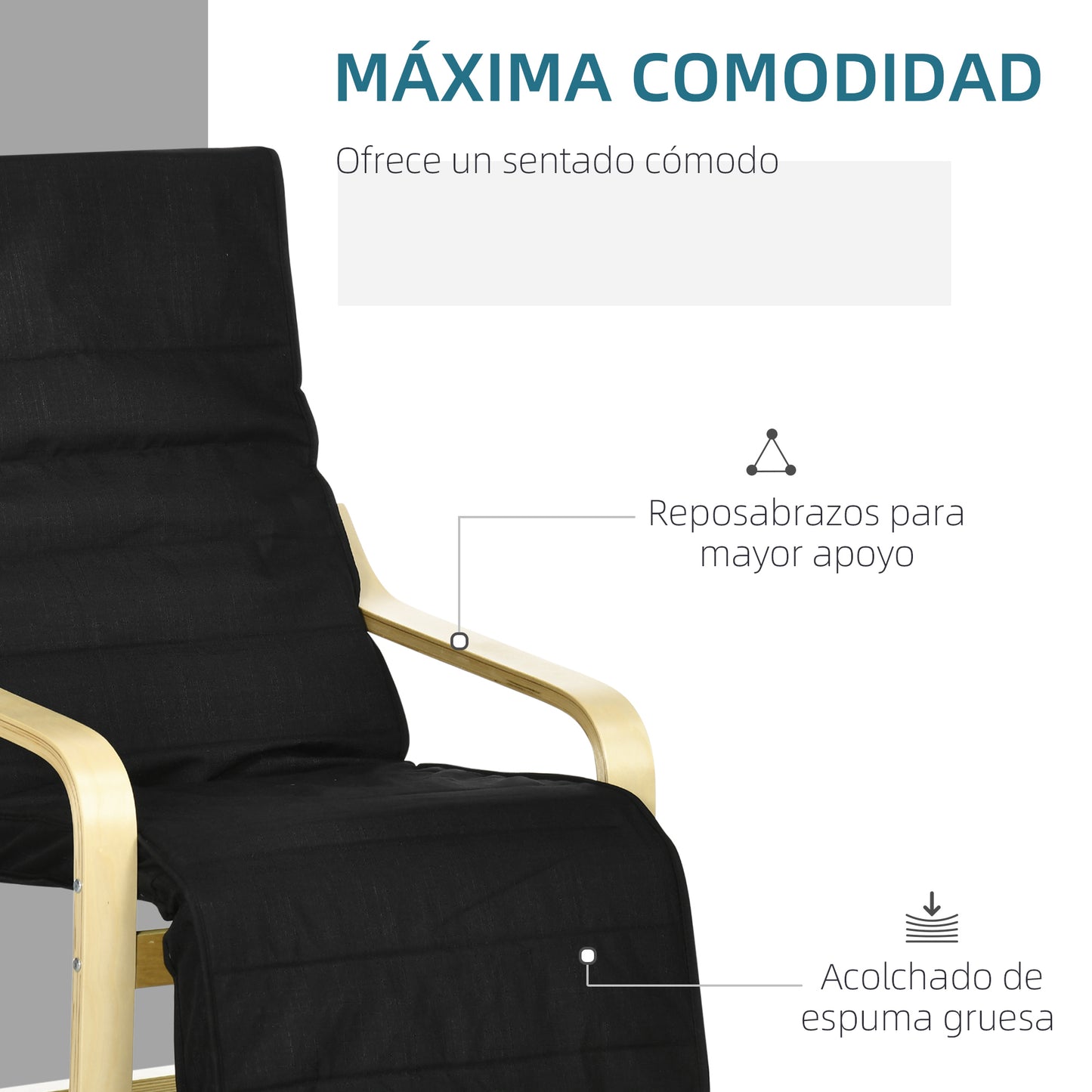 HOMCOM Sillón de Salón con Reposapiés Ajustable Sillón Butaca para Dormitorio Tapizado en Tela con Marco de Madera Carga 120 kg para Oficina Estudio 66,5x94x100 cm Negro