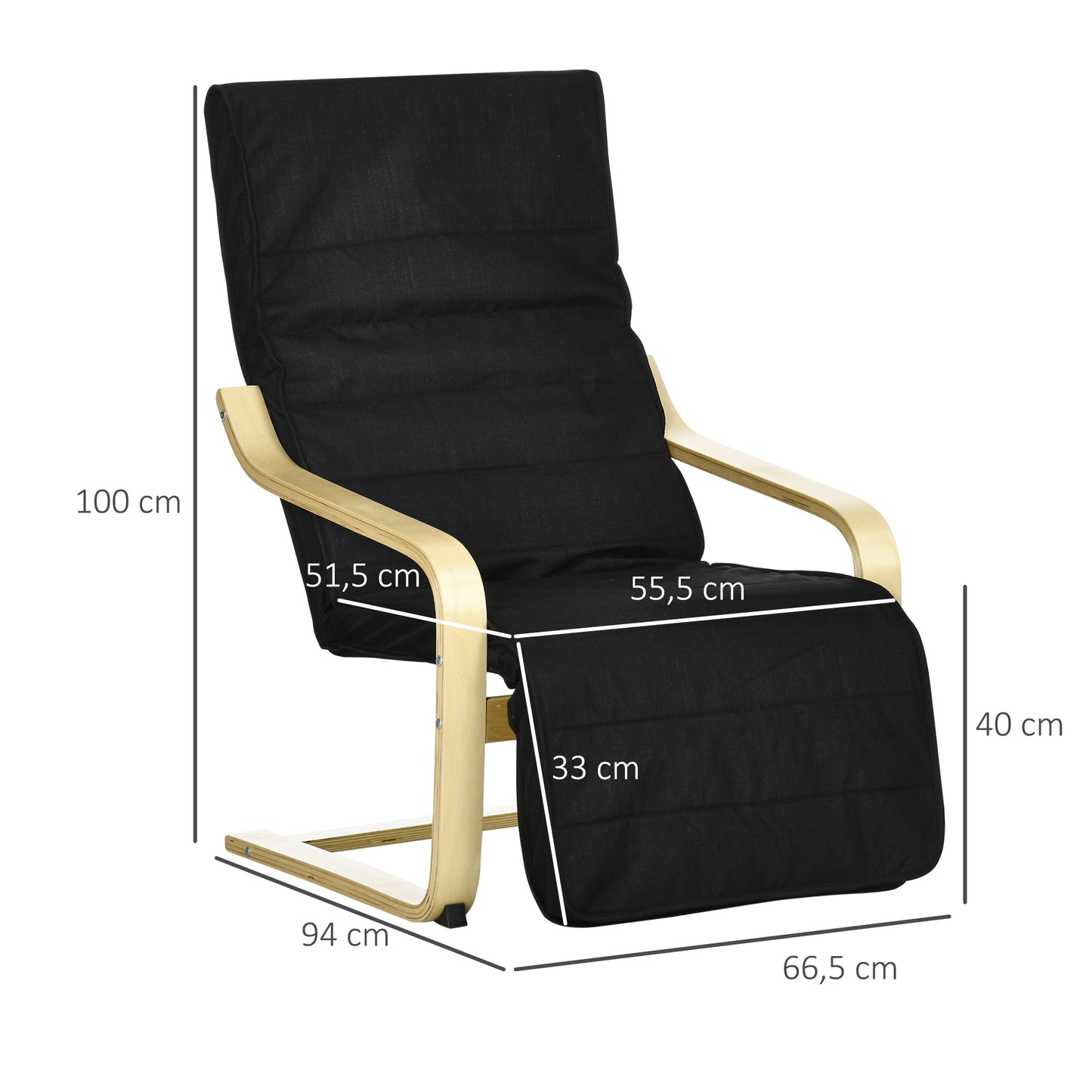 HOMCOM Sillón de Salón con Reposapiés Ajustable Sillón Butaca para Dormitorio Tapizado en Tela con Marco de Madera Carga 120 kg para Oficina Estudio 66,5x94x100 cm Negro