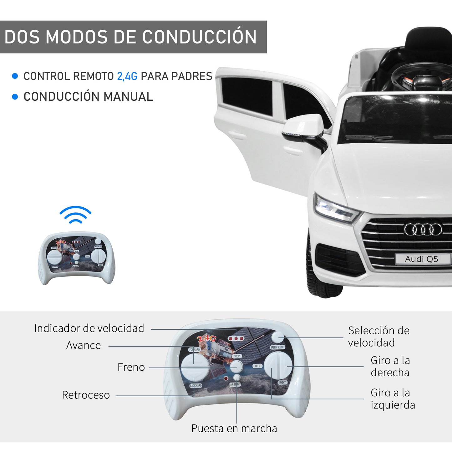 HOMCOM Coche Eléctrico para Niño +3 Años Audi Q5 con Mando a Distancia MP3 Luces y Sonidos Apertura de Puerta y Tirador Carga 30 kg 116x75x56 cm Blanco