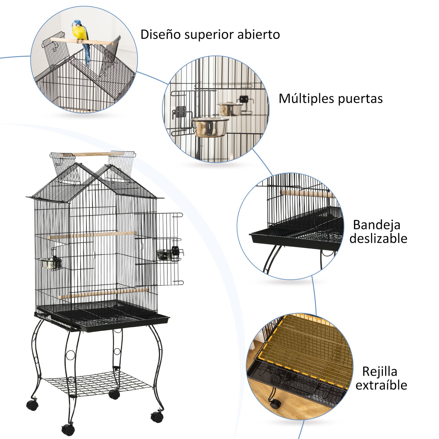 PawHut Jaula para Pájaros 50x58x145 cm Pajarera Metálica con 3 Puertas 2 Comederos 3 Perchas Bandeja Extraíble Estante Abierto y 4 Ruedas para Canarios Periquitos Negro