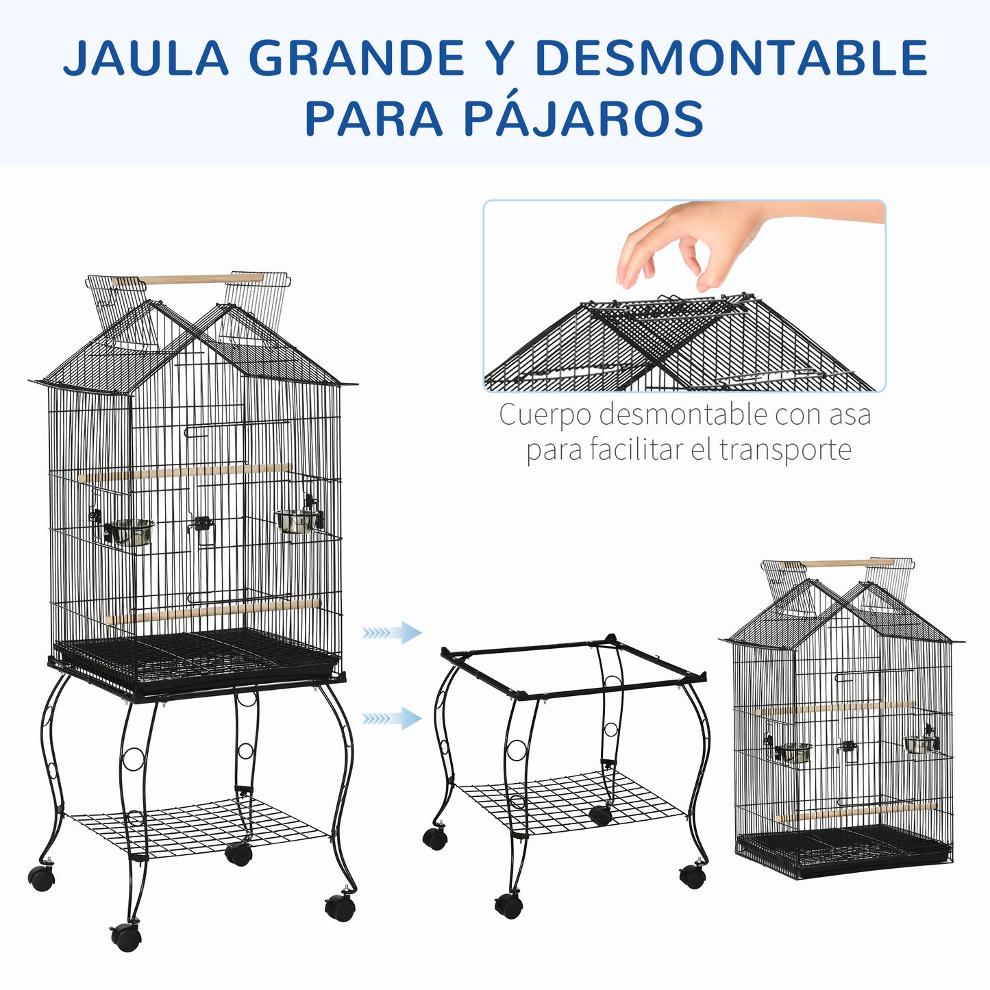 PawHut Jaula para Pájaros 50x58x145 cm Pajarera Metálica con 3 Puertas 2 Comederos 3 Perchas Bandeja Extraíble Estante Abierto y 4 Ruedas para Canarios Periquitos Negro