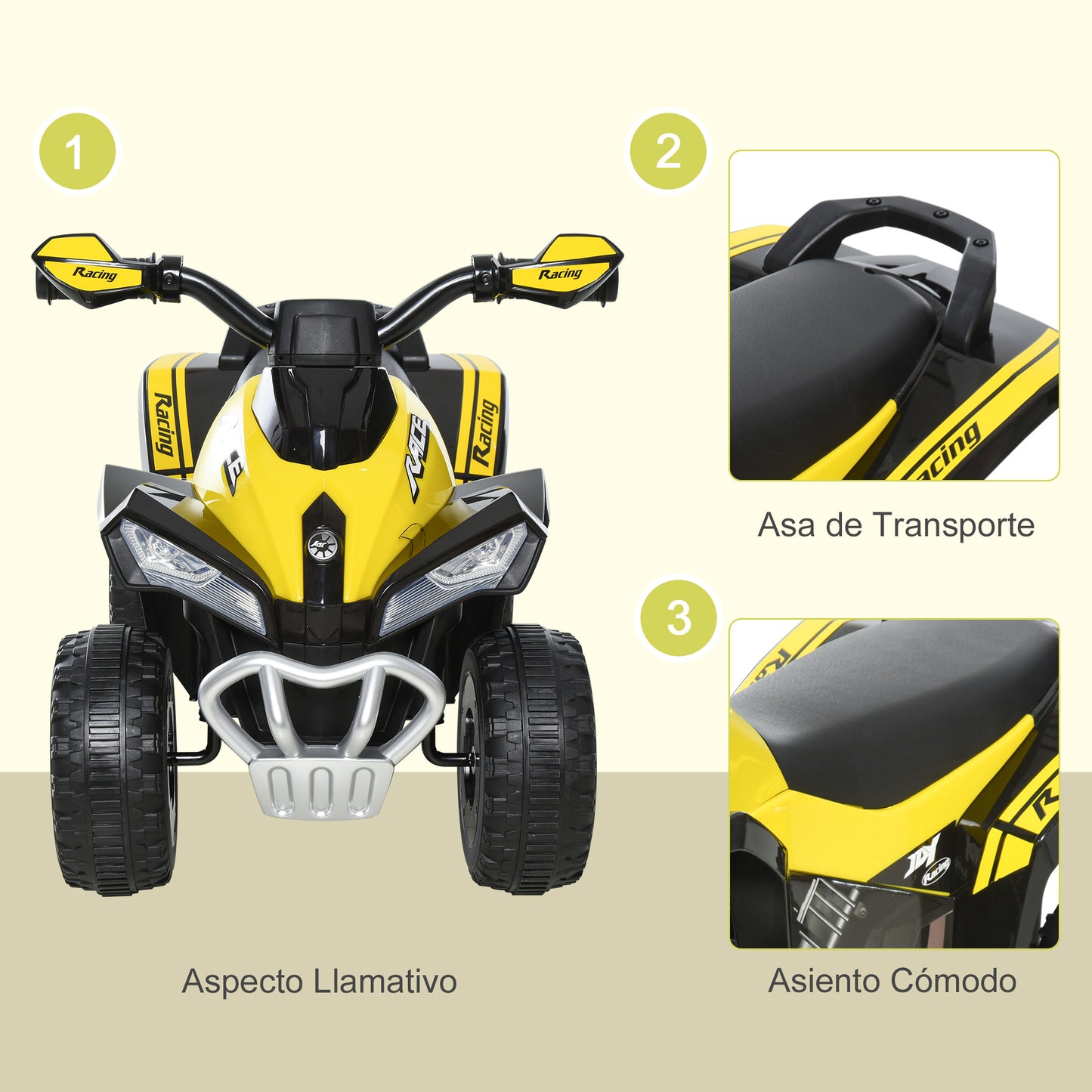 HOMCOM Quad Moto Correpasillo para Niños Mayores de 18-36 Meses con Función de Luces y Música Diseño Novedoso Soporta hasta 20 kg 67,5x38x44 cm Amarillo