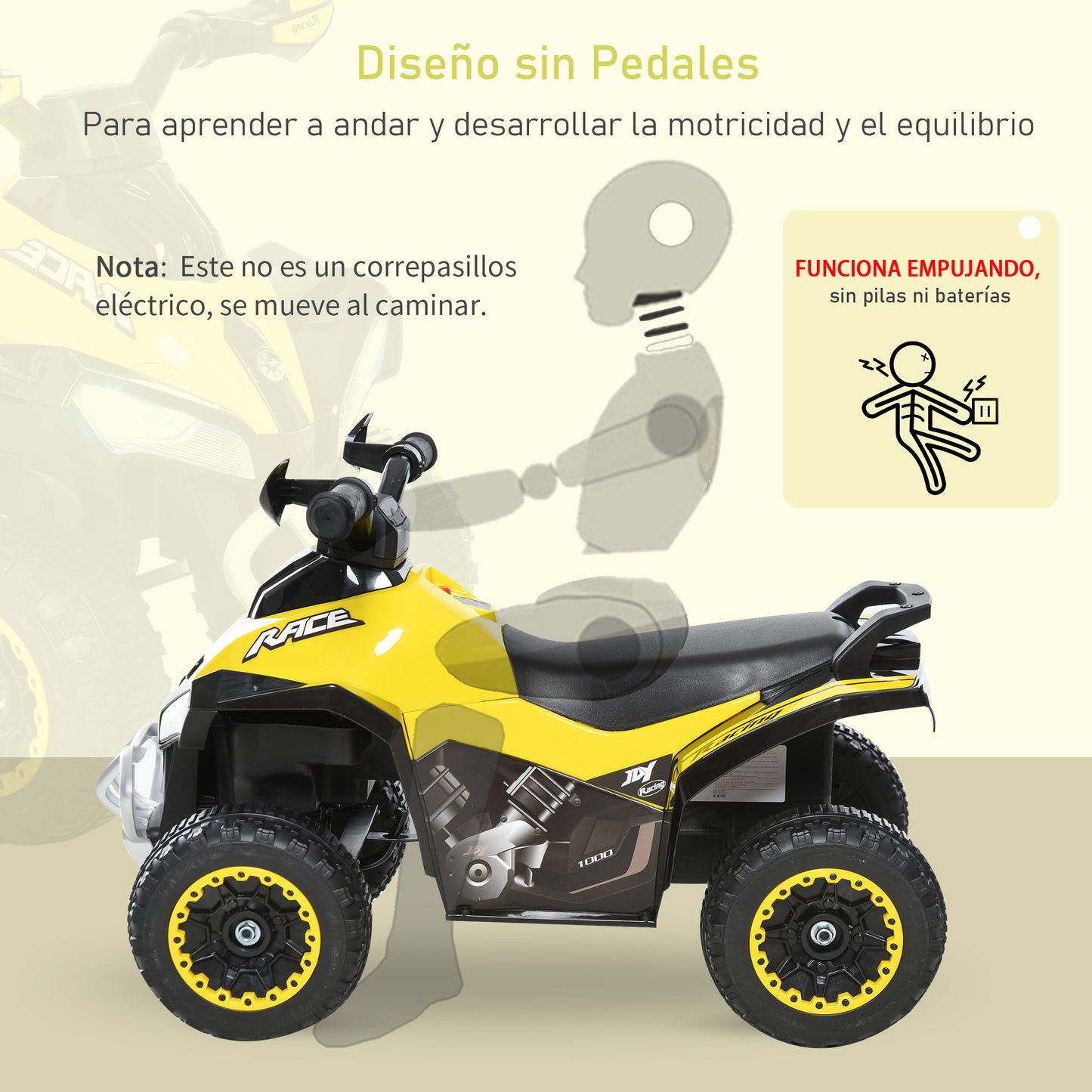 HOMCOM Quad Moto Correpasillo para Niños Mayores de 18-36 Meses con Función de Luces y Música Diseño Novedoso Soporta hasta 20 kg 67,5x38x44 cm Amarillo