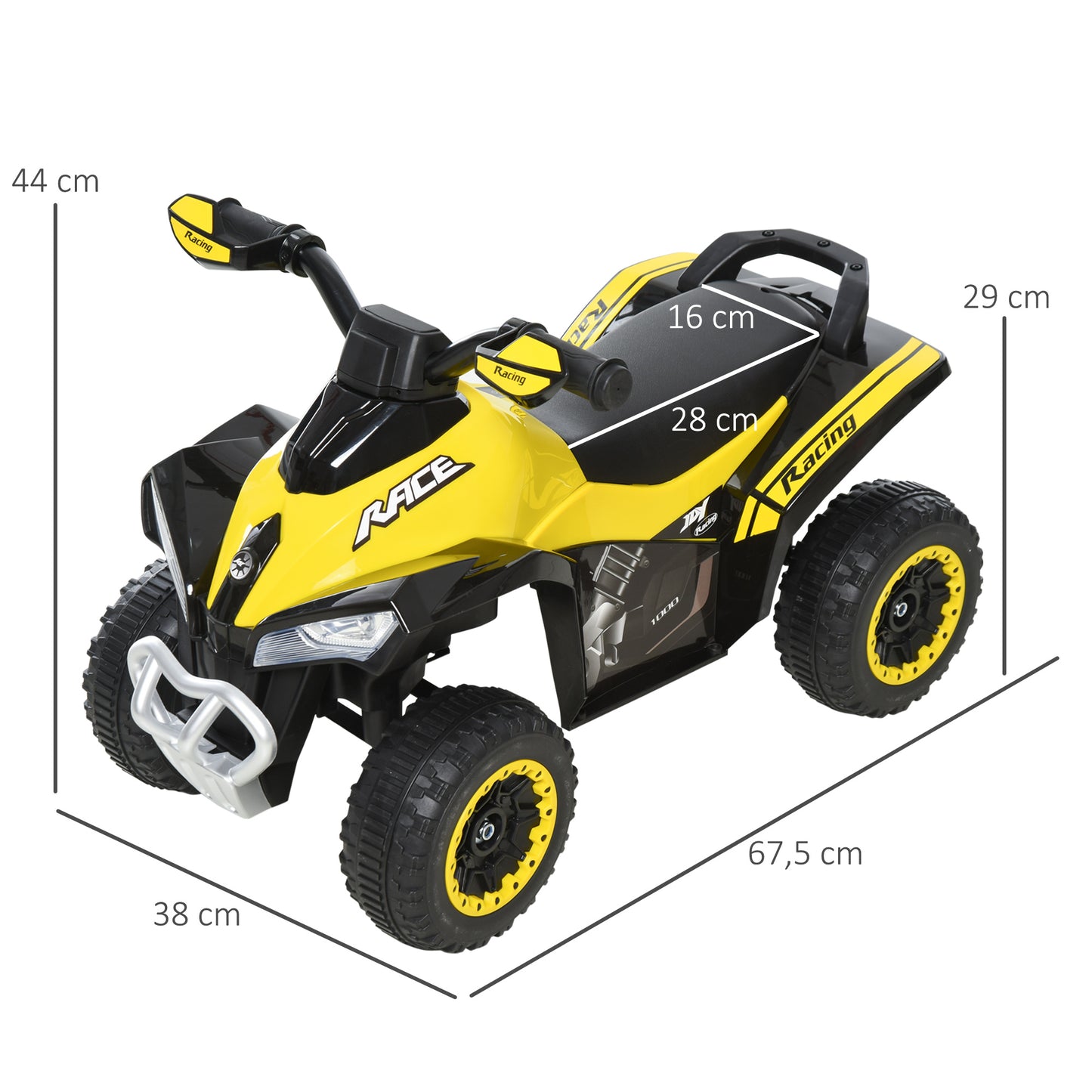 HOMCOM Quad Moto Correpasillo para Niños Mayores de 18-36 Meses con Función de Luces y Música Diseño Novedoso Soporta hasta 20 kg 67,5x38x44 cm Amarillo