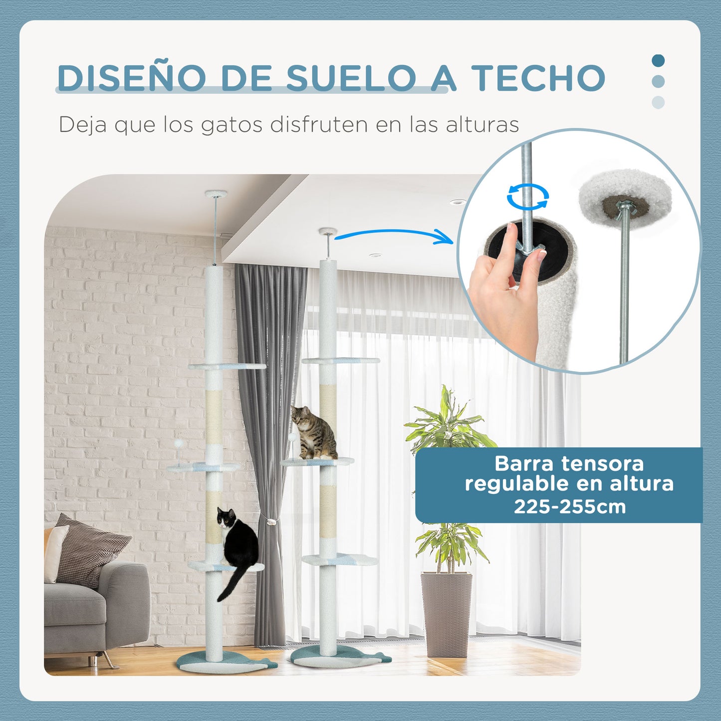 PawHut Árbol para Gatos de Suelo a Techo de 225-255 cm Torre para Gatos de Suelo a Techo Ajustable en Altura con 3 Plataforma de Forma de Ola Postes Rascadores y 1 Bola 55x38x225-255 cm Blanco