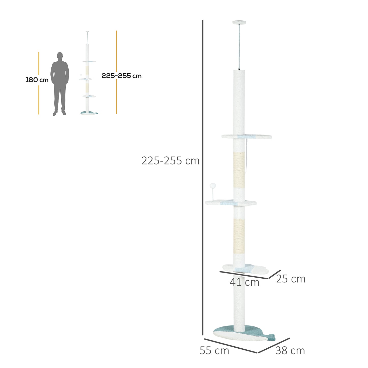 PawHut Árbol para Gatos de Suelo a Techo de 225-255 cm Torre para Gatos de Suelo a Techo Ajustable en Altura con 3 Plataforma de Forma de Ola Postes Rascadores y 1 Bola 55x38x225-255 cm Blanco