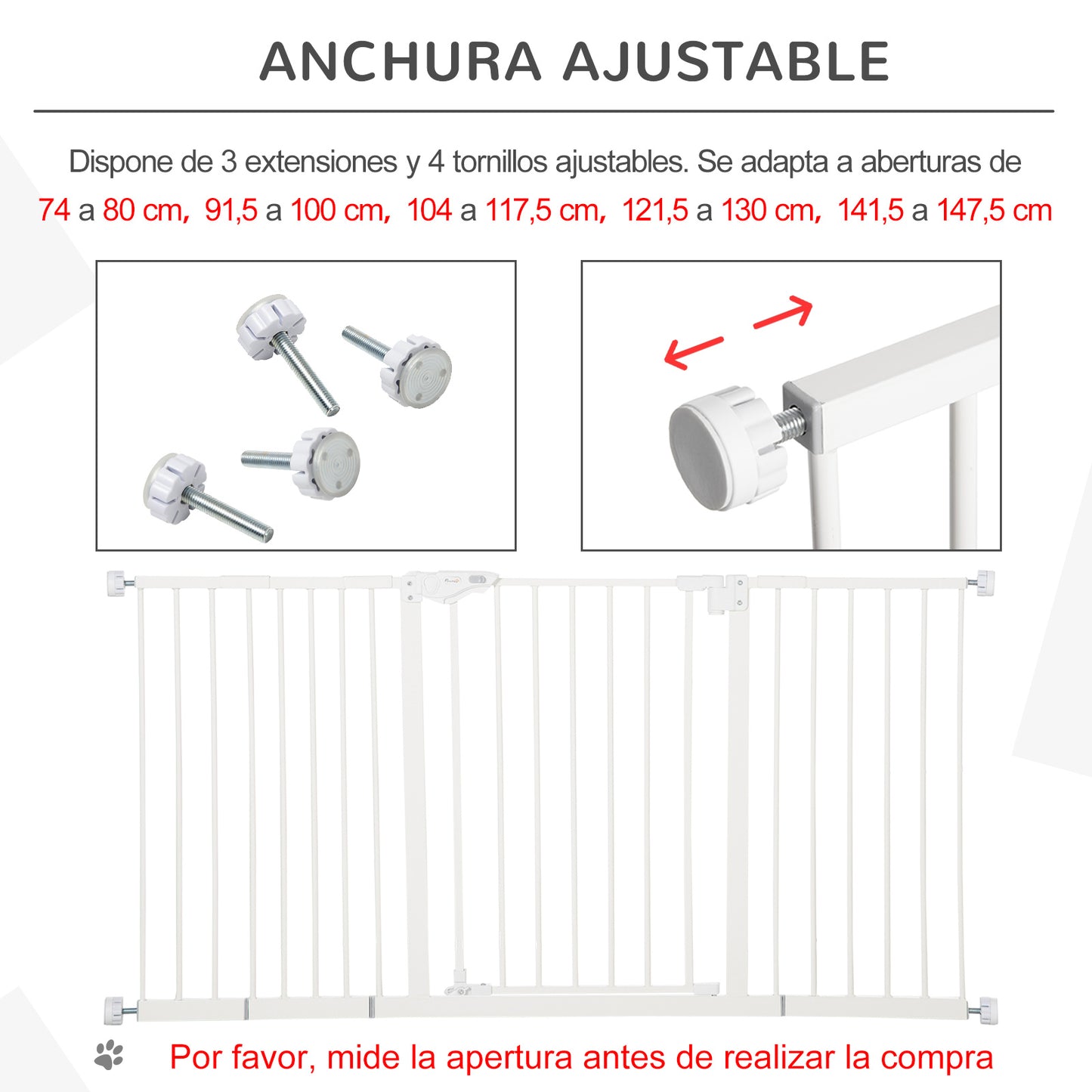 PawHut Barrera de Seguridad Extensible para Puertas y Escaleras Barrera para Perros con Cierre Automático y Sistema de Doble Bloqueo Metal 74-147,5x76,2 cm Blanco