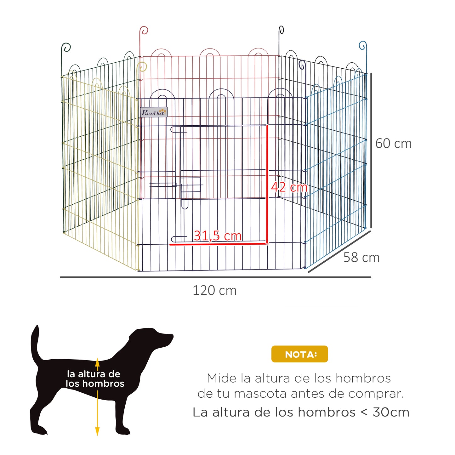 PawHut Parque Plegable para Mascotas Valla Metálica para Cachorros Conejos y Otras Mascotas de 6 Paneles para Interior y Exterior Ø120x60 cm Multicolor