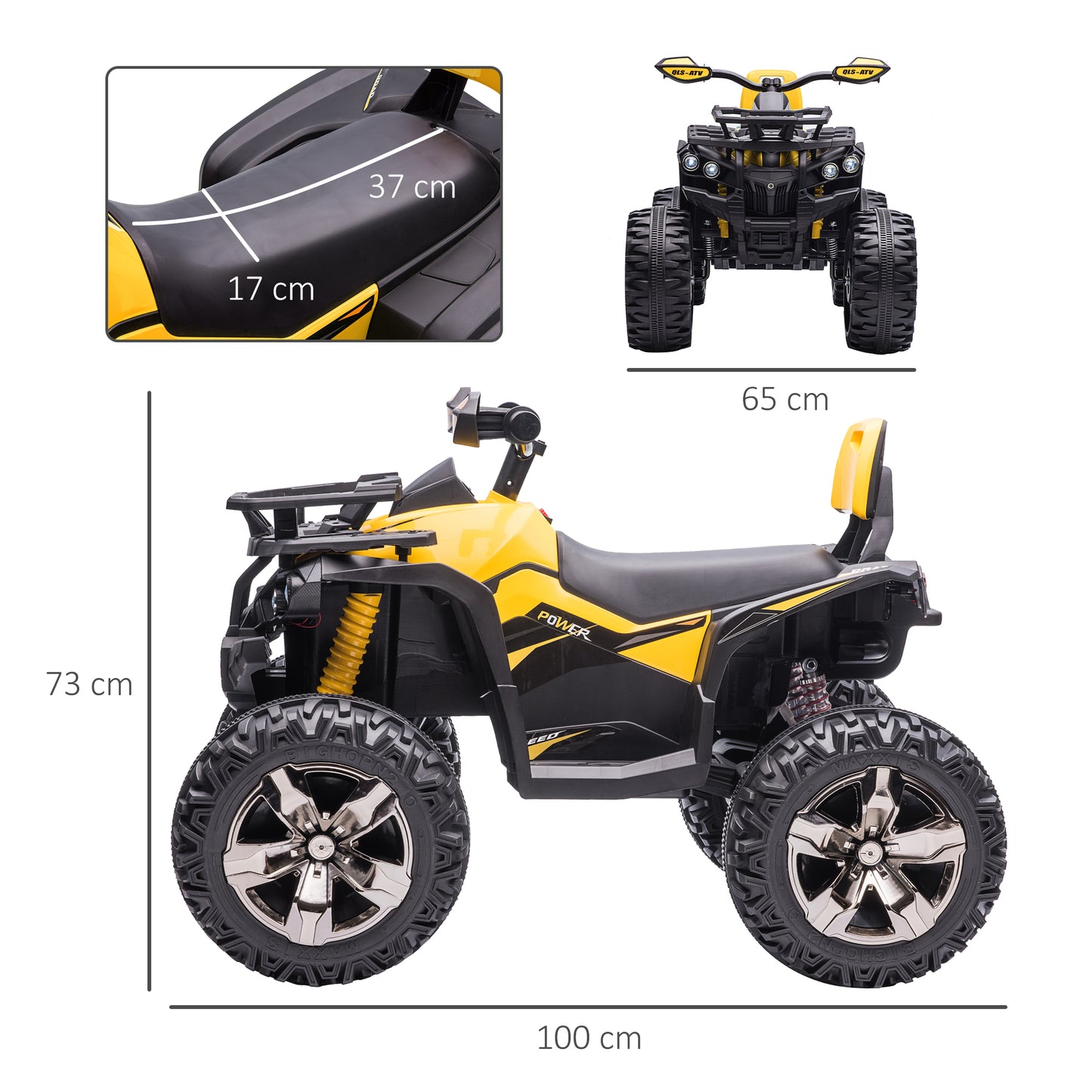 HOMCOM Quad Eléctrico 12V para Niños +3 Años con 2 Motores Faros Música Neumáticos de Suspensión Botones Avance y Retroceso Vehículo Eléctrico a Batería 100x65x73 cm Amarillo