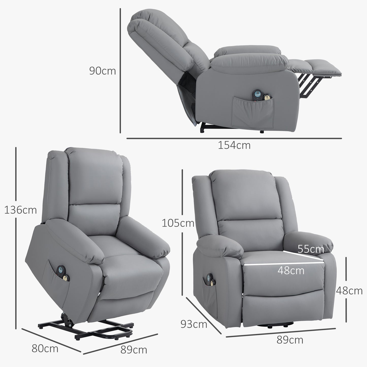 HOMCOM Sillón Relax Levanta Personas Eléctrico Sillón Elevador con 8 Punto de Masaje Sillón Eléctrico Reclinable con Función de Calentamiento 2 Controles Remotos y Bolsillo Lateral Gris