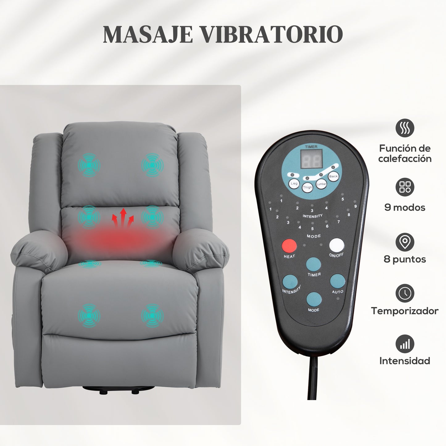 HOMCOM Sillón Relax Levanta Personas Eléctrico Sillón Elevador con 8 Punto de Masaje Sillón Eléctrico Reclinable con Función de Calentamiento 2 Controles Remotos y Bolsillo Lateral Gris