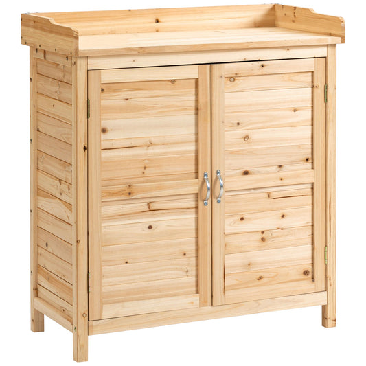 Outsunny Armario de Jardín de Madera Cobertizo Exterior Cobertizo para Almacenaje con 2 Puertas Estante y Patas Elevadas para Terraza Patio 83x40x92 cm Natural