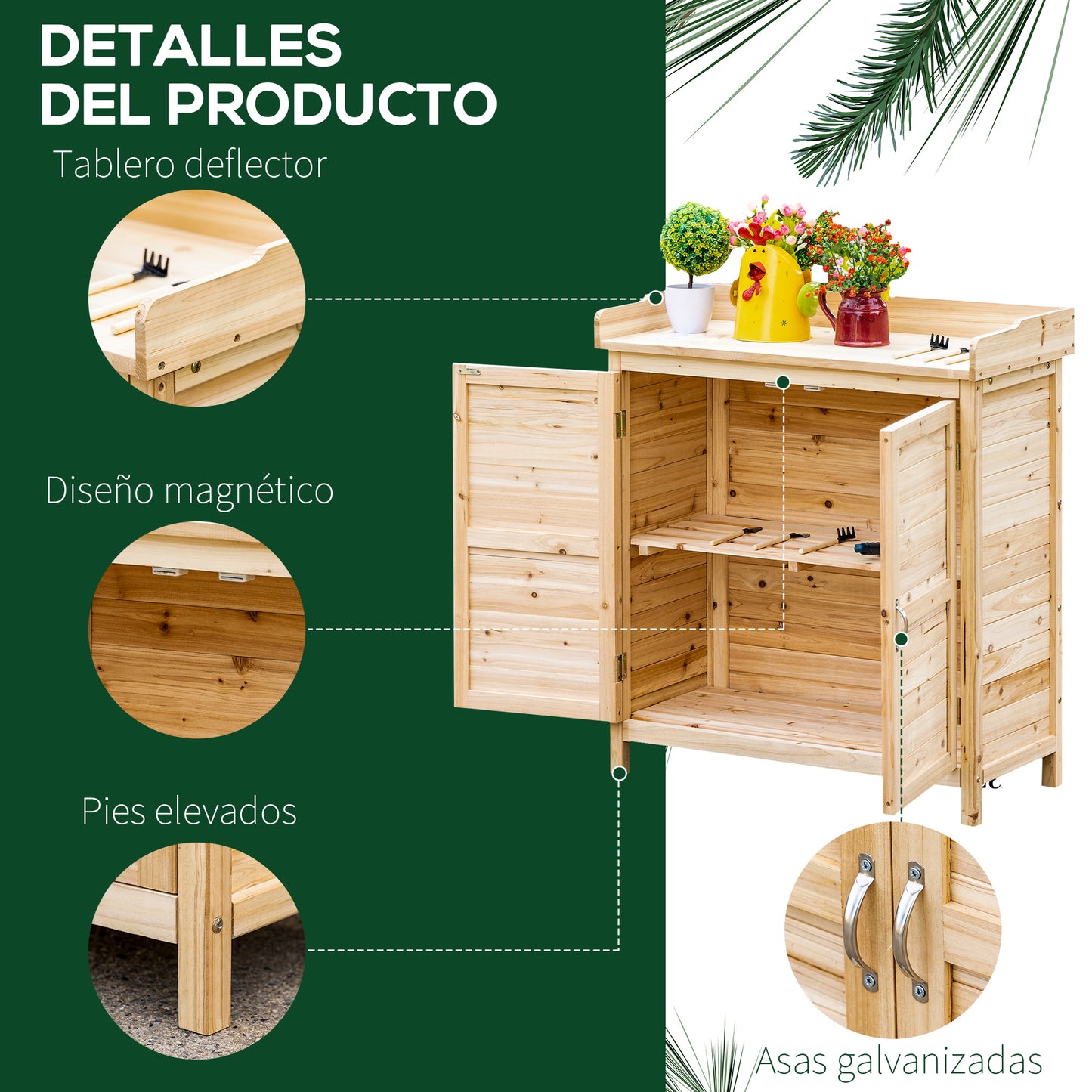 Outsunny Armario de Jardín de Madera Cobertizo Exterior Cobertizo para Almacenaje con 2 Puertas Estante y Patas Elevadas para Terraza Patio 83x40x92 cm Natural