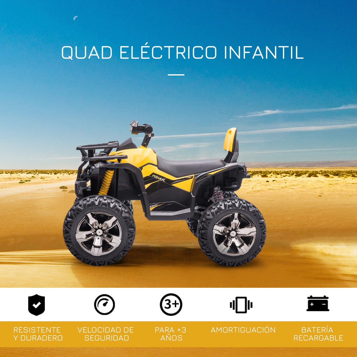 HOMCOM Quad Eléctrico 12V para Niños +3 Años con 2 Motores Faros Música Neumáticos de Suspensión Botones Avance y Retroceso Vehículo Eléctrico a Batería 100x65x73 cm Amarillo