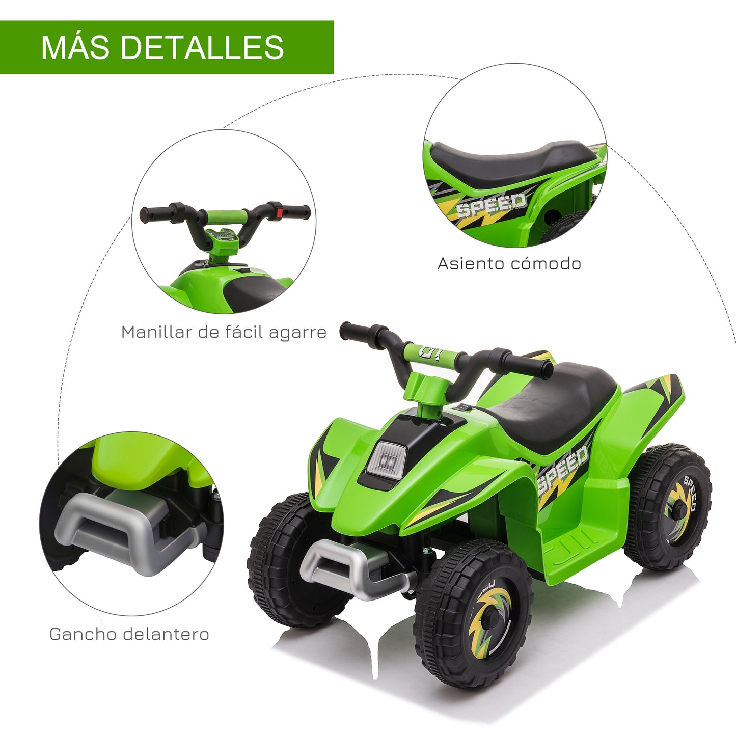 HOMCOM Quad Eléctrico para Niños de 18-36 Meses Vehículo Eléctrico Cuatrimoto a Batería 6V con Avance y Retroceso Carga Máx. 20 kg 72x40x45,5 cm Verde