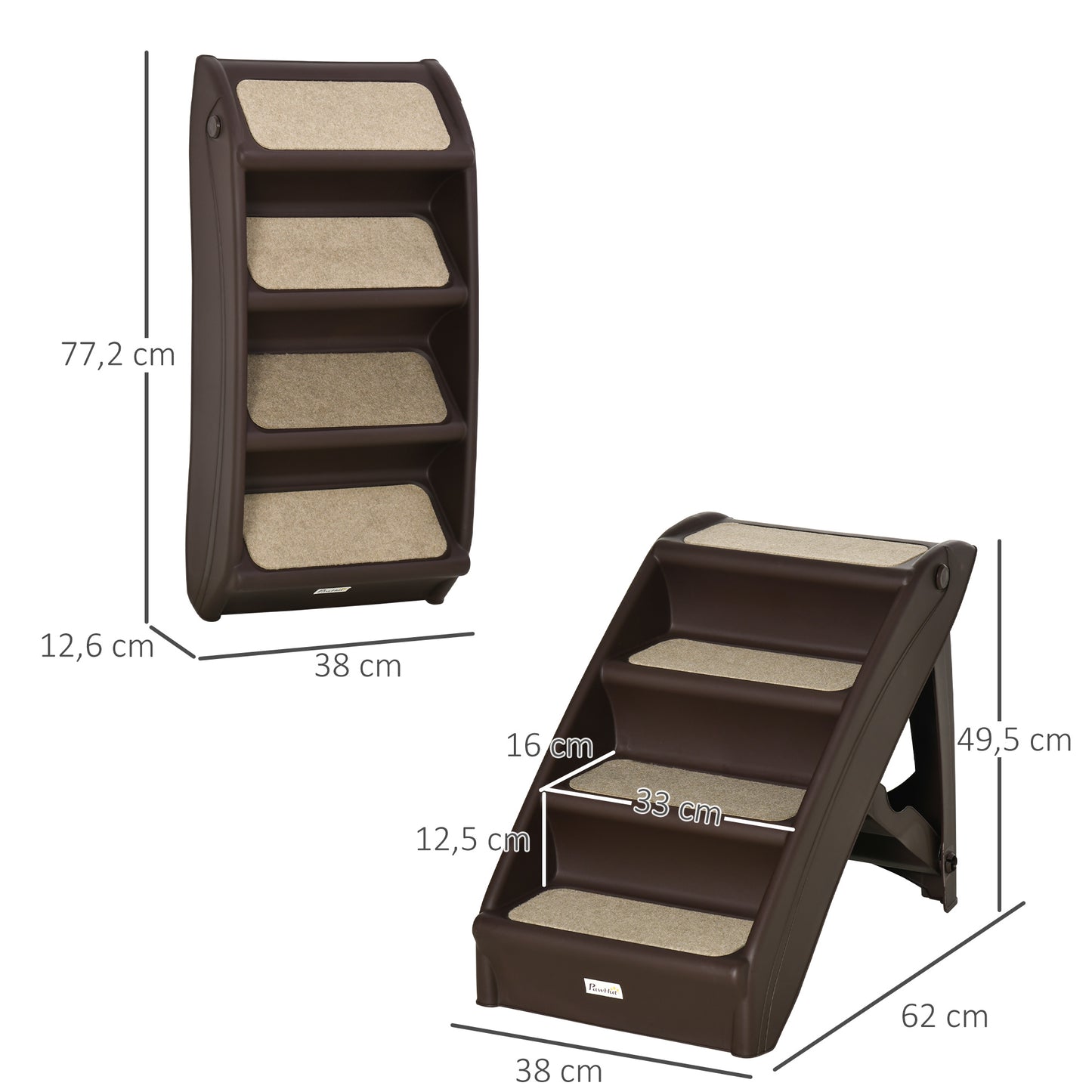 PawHut Escalera Plegable para Mascotas de 4 Peldaños Escalón para Perros Gatos Portátil con Alfombras Antideslizantes para Cama Sofá Carga 20 kg 62x38x49,5 cm Marrón Oscuro