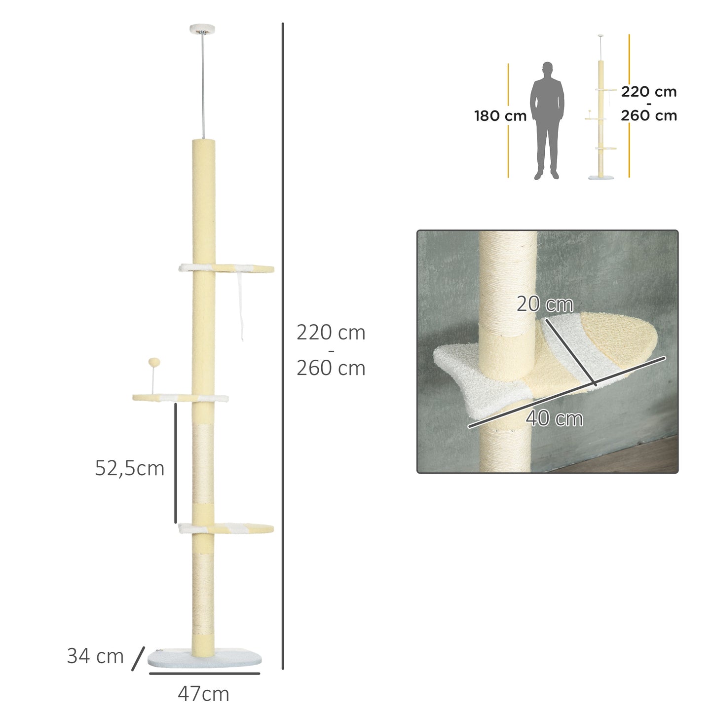 PawHut Árbol para Gatos del Suelo al Techo 220-260 cm Altura Ajustable Torre para Gatos con 3 Plataformas Poste Escalador de Sisal y Bola para Jugar 47x34x220-260 cm Amarillo