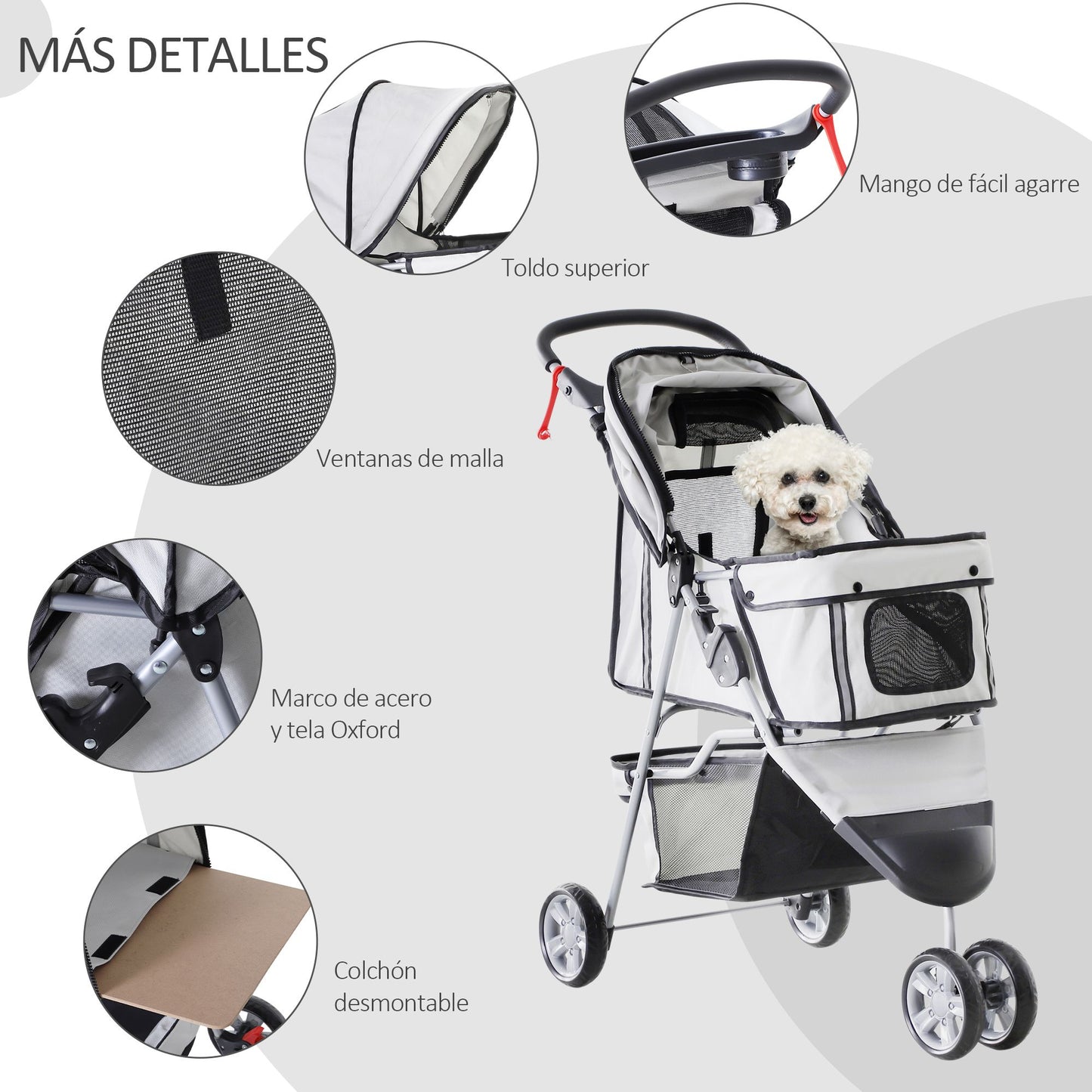 PawHut Carrito para Perros Plegable Cochecito para Mascotas Carrito para Perros Pequeños con Cesta de Almacenaje Ventanas de Malla y 2 Ruedas Universales 75x45x97 cm Gris