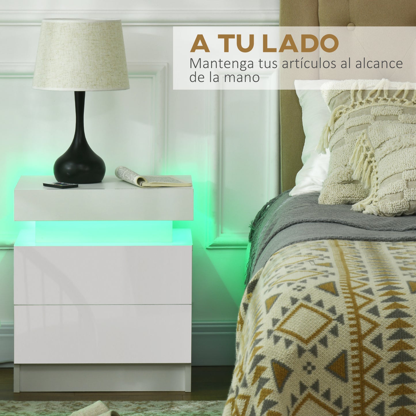 HOMCOM Mesita de Noche Blanca con Luz LED Mesilla de Noche Frontal de Alto Brillo con 2 Cajones y Mando a Distancia para Salón Dormitorio 45x35x52 cm