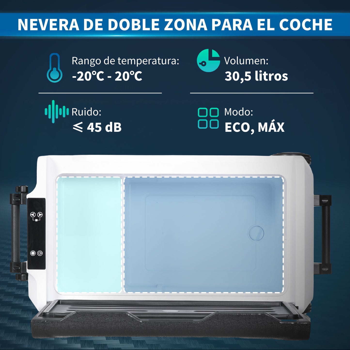 HOMCOM Nevera Compresor Portátil 30,5L Refrigerador de Coche -20℃-20℃ 12 / 24V DC y 100-240V CA con 2 Ruedas Asas y Compartimento Congelador para Camping Viajes 72,6x39x37,3 cm Negro