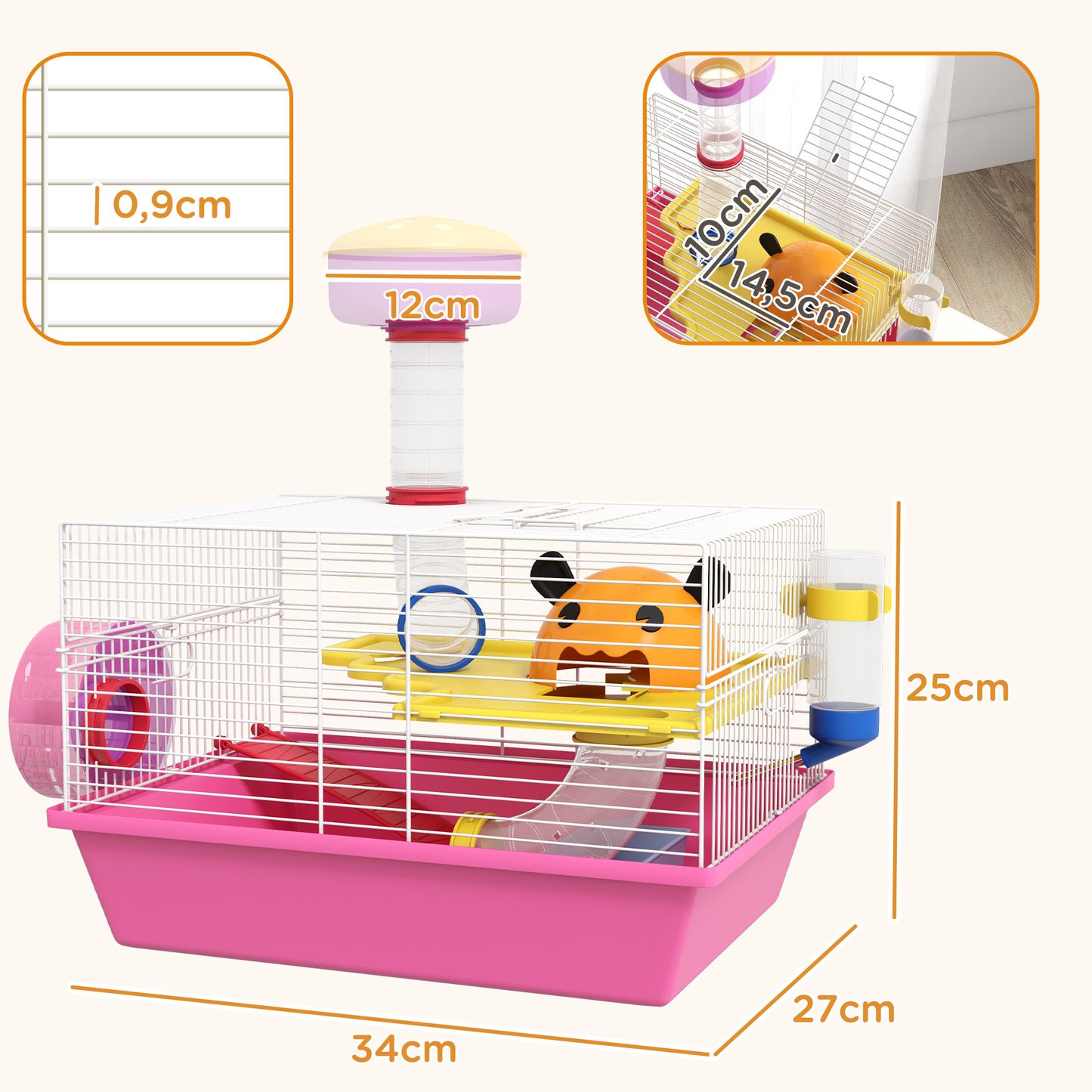 PawHut Jaula para Hámster Casa para Animales Pequeños con Cuenco Bebedero Rueda de Ejercicio Torre de Observación y Casita 34x27x25 cm Rosa