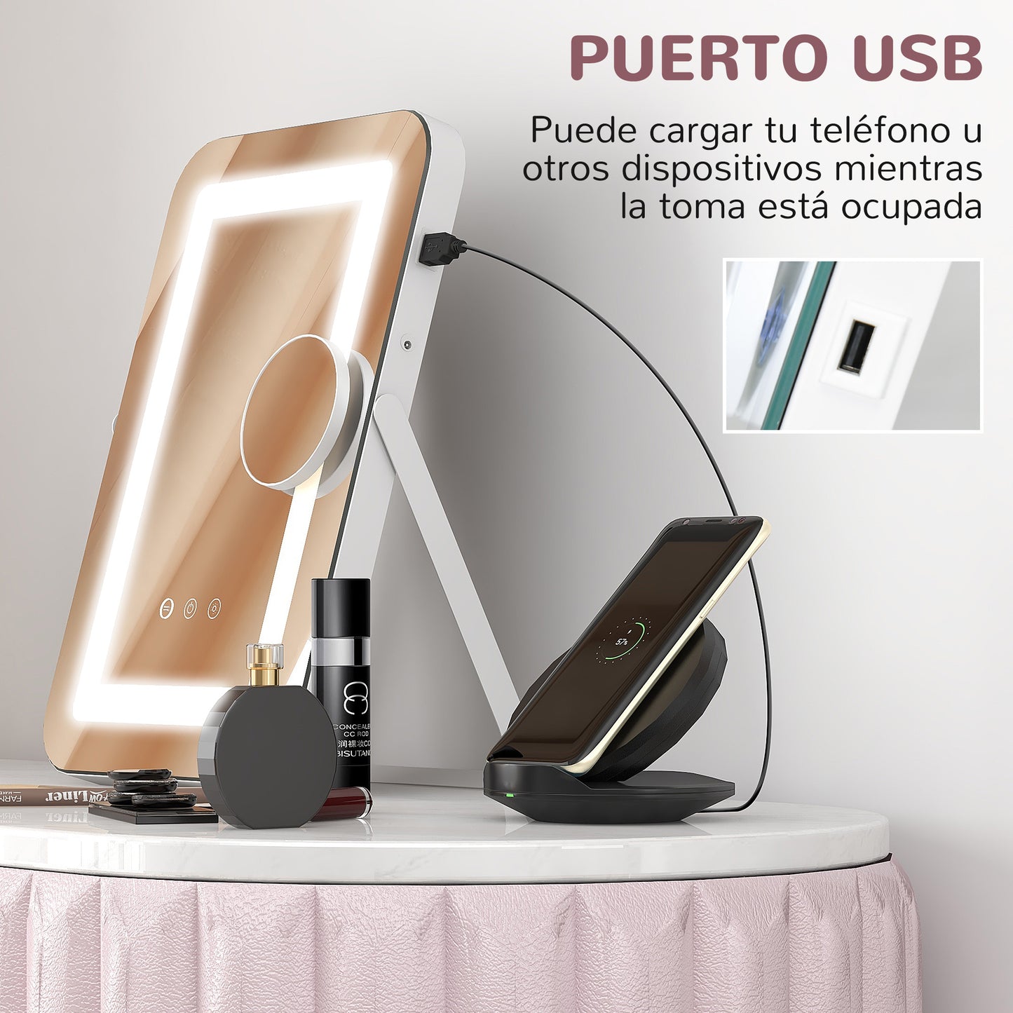 HOMCOM Espejo Maquillaje con Luz Espejo Tocador Giratorio 30x40 cm con 3 Modos de Iluminación Ajustables Interruptor Táctil Espejo de Aumento y Puerto USB Blanco