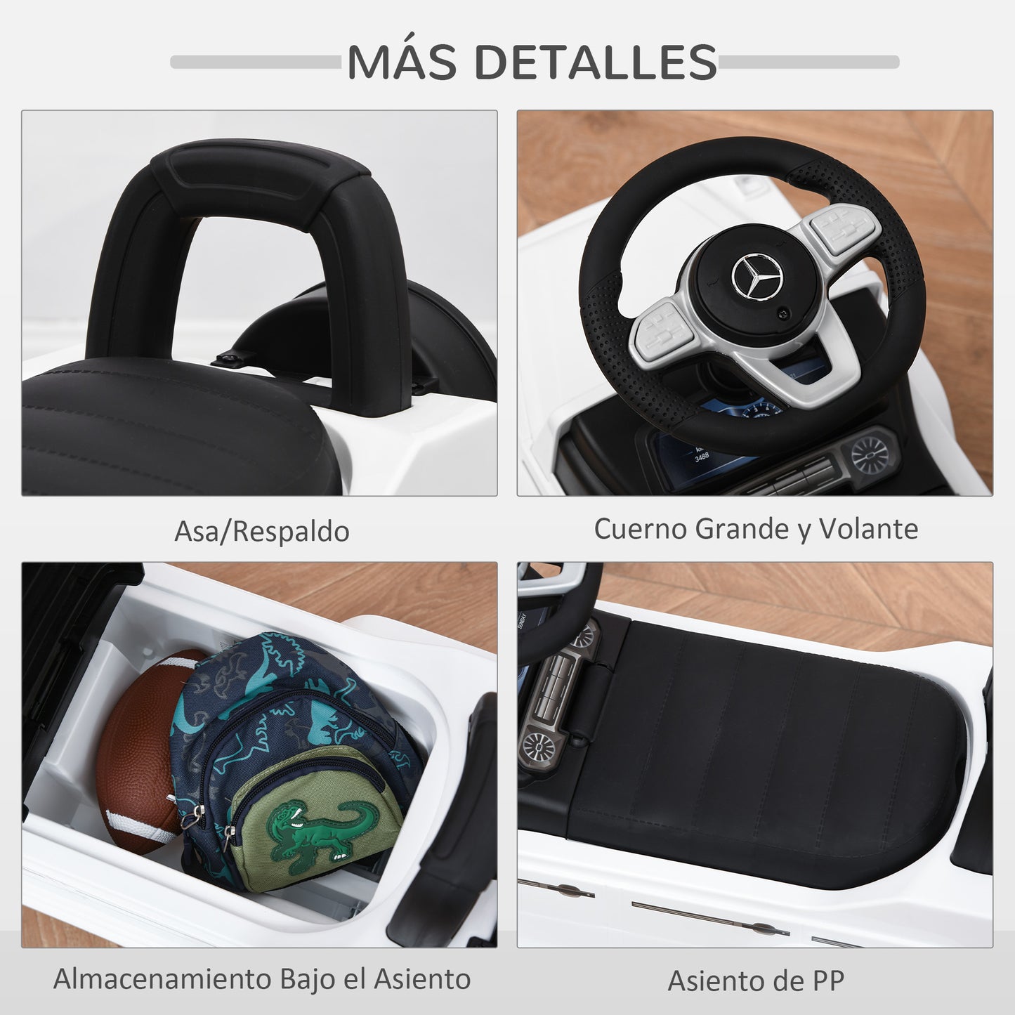 HOMCOM Correpasillos para Bebés de 12 a 36 Meses Coche Correpasillos Licencia Mercedes G350 con Compartimento de Almacenaje y Volante Carga 25 kg 62,5x28,5x45 cm Blanco