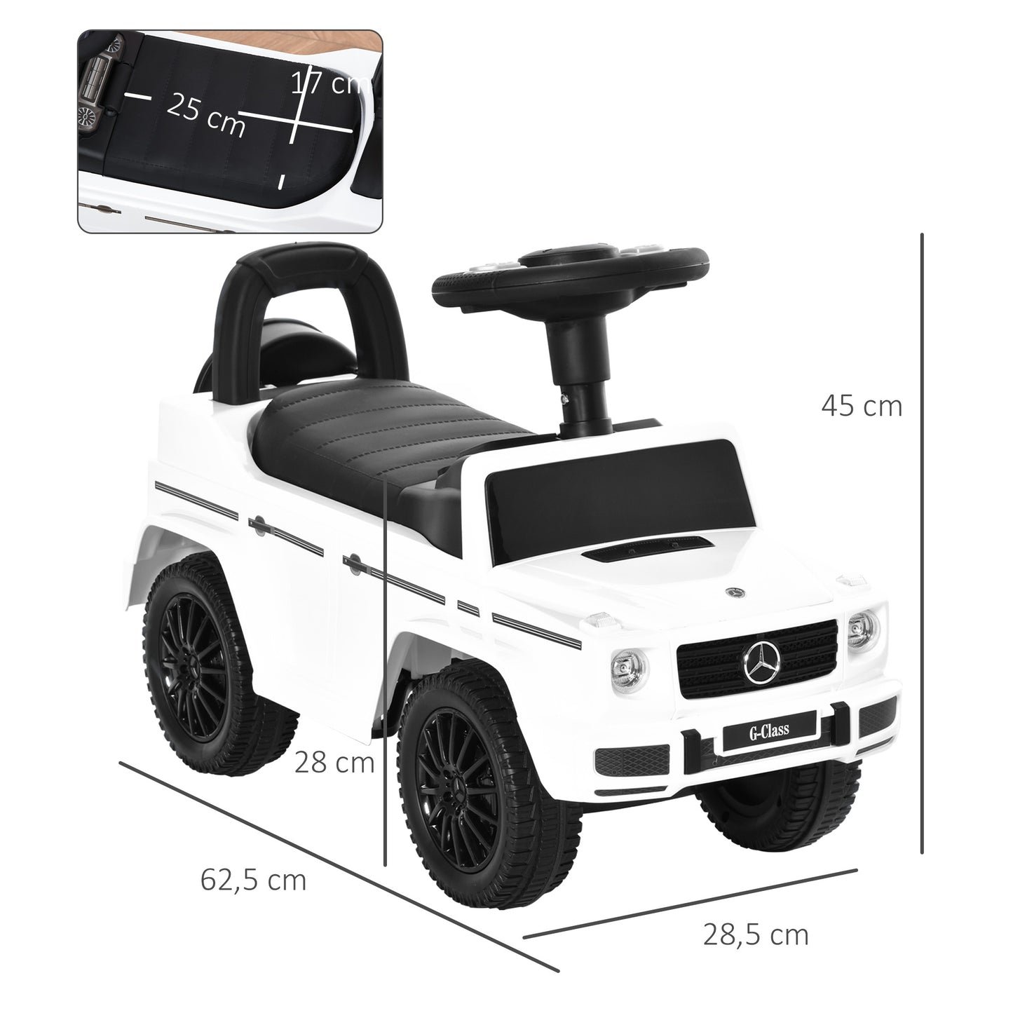 HOMCOM Correpasillos para Bebés de 12 a 36 Meses Coche Correpasillos Licencia Mercedes G350 con Compartimento de Almacenaje y Volante Carga 25 kg 62,5x28,5x45 cm Blanco