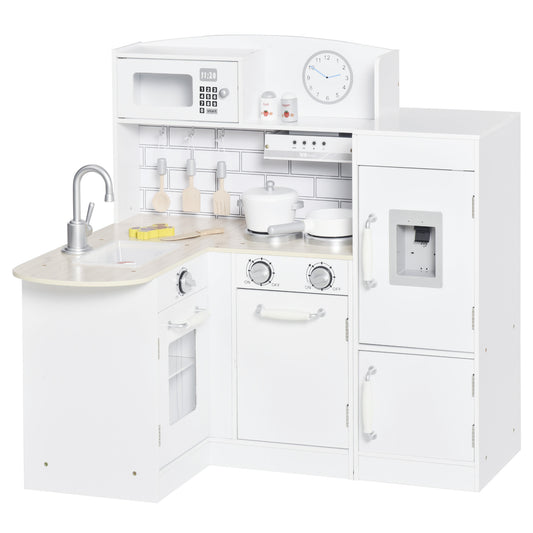 HOMCOM Cocina de Juguete de Madera para Niños de +3 Años con 14 Accesorios Separable Cocinita Infantil con Sonido Nevera Microondas Fregadero Campana 86x64x84,5 cm Blanco