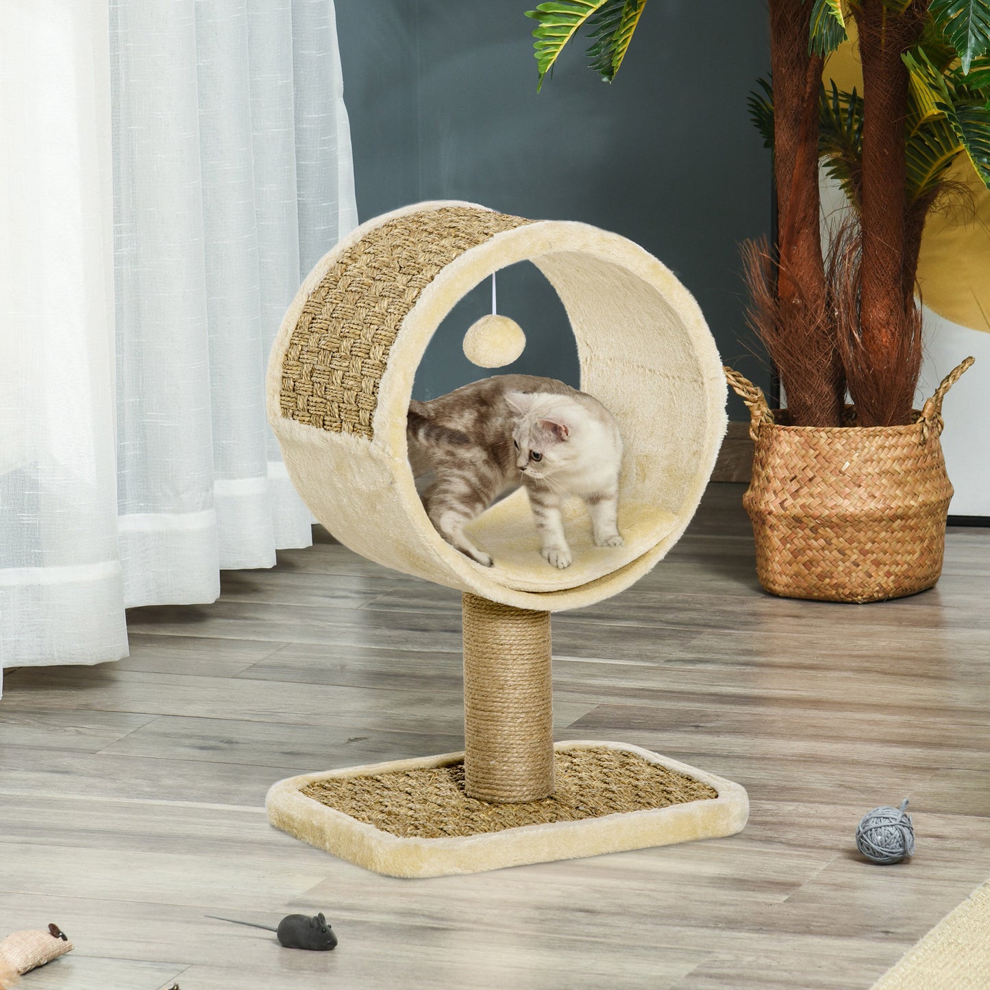 PawHut Árbol para Gatos 40x30x56 cm Ø32cm Torre de Rascado de Gato con Túnel Superior Poste Rascador de Yute Natural Cojín Extraíble y Juguete Colgante Beige