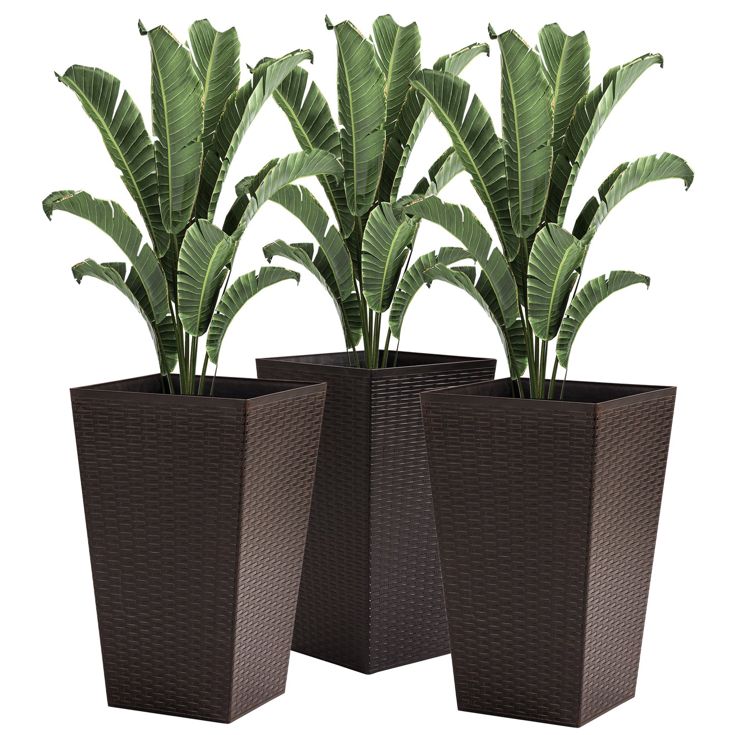 Outsunny Conjunto de 3 Macetas Cuadradas para Plantas Flores 3 Maceteros con Efecto de Símil Ratán para Jardín Terraza Interior y Exterior 36,5x36,5x61 cm Marrón