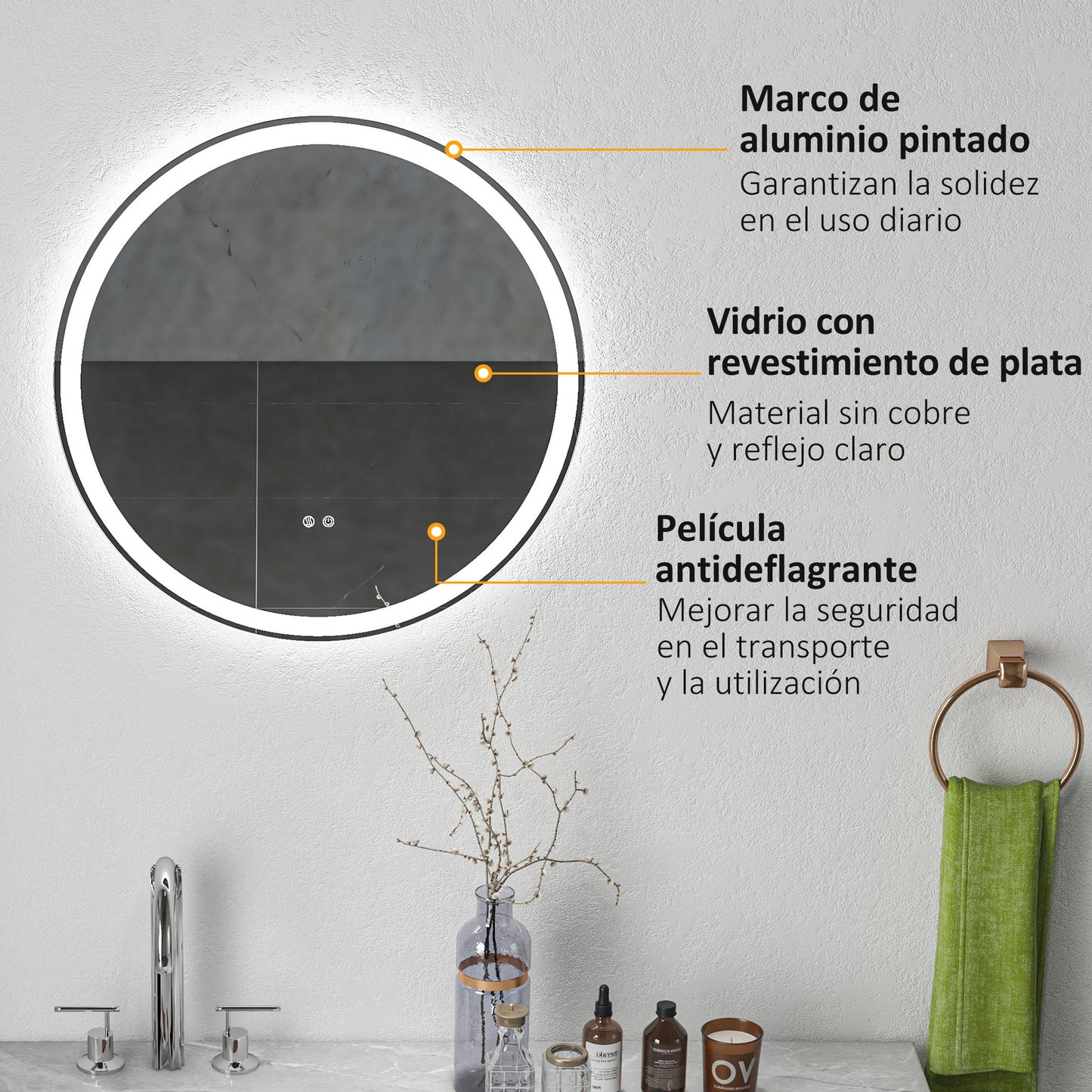 kleankin Espejo de Baño con Luces LED Ajustable Ø60 cm Espejo para Baño Redondo con Antivaho Función de Memoria e Interruptor Táctil para Salón Entrada Plata