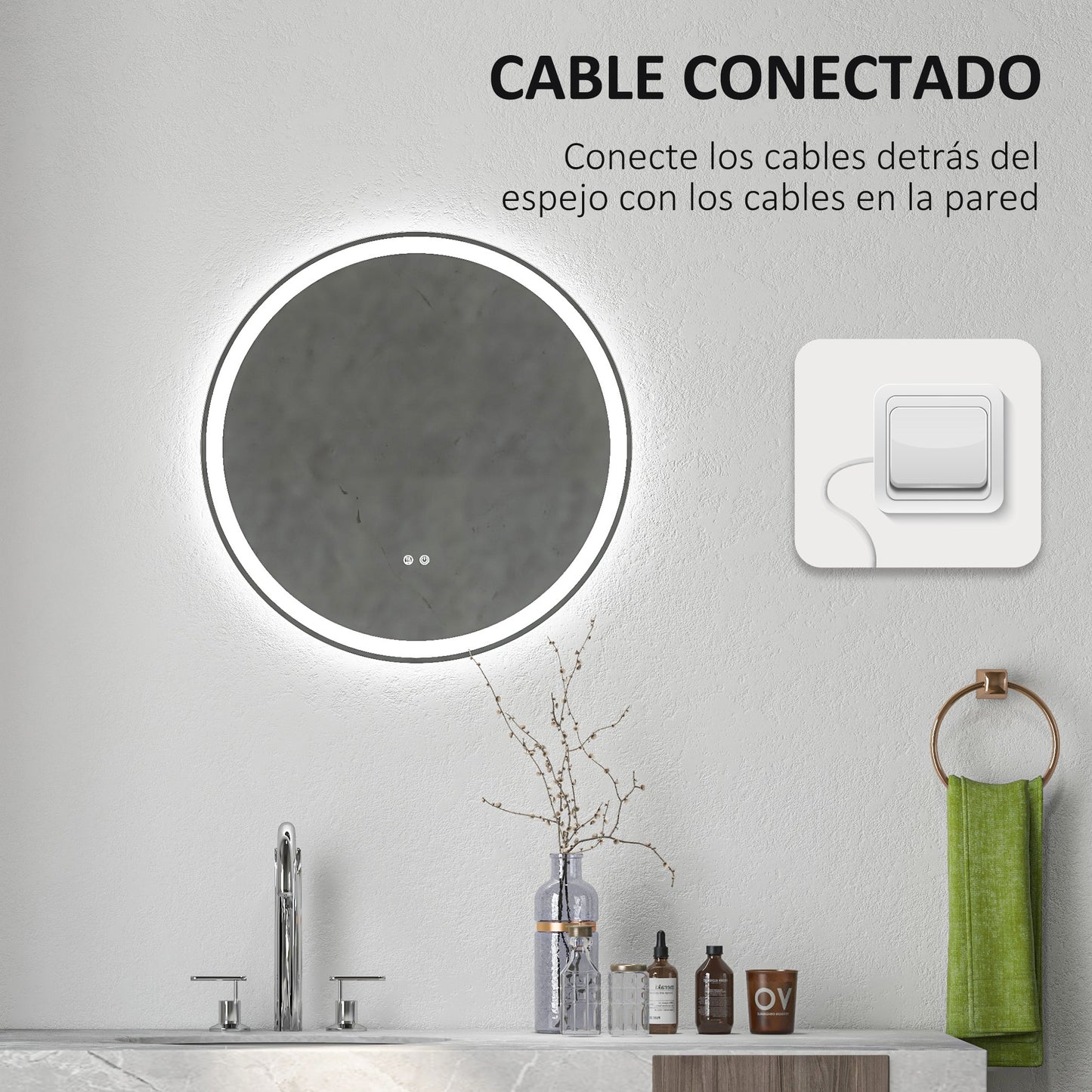 kleankin Espejo de Baño con Luces LED Ajustable Ø60 cm Espejo para Baño Redondo con Antivaho Función de Memoria e Interruptor Táctil para Salón Entrada Plata