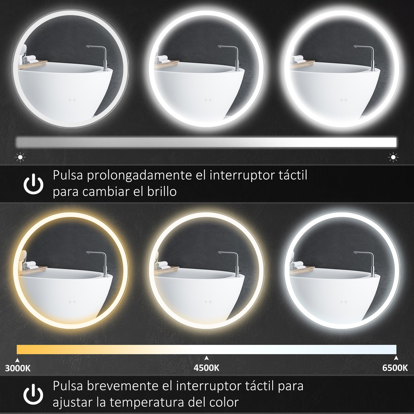 kleankin Espejo de Baño con Luces LED Ajustable Ø60 cm Espejo para Baño Redondo con Antivaho Función de Memoria e Interruptor Táctil para Salón Entrada Plata