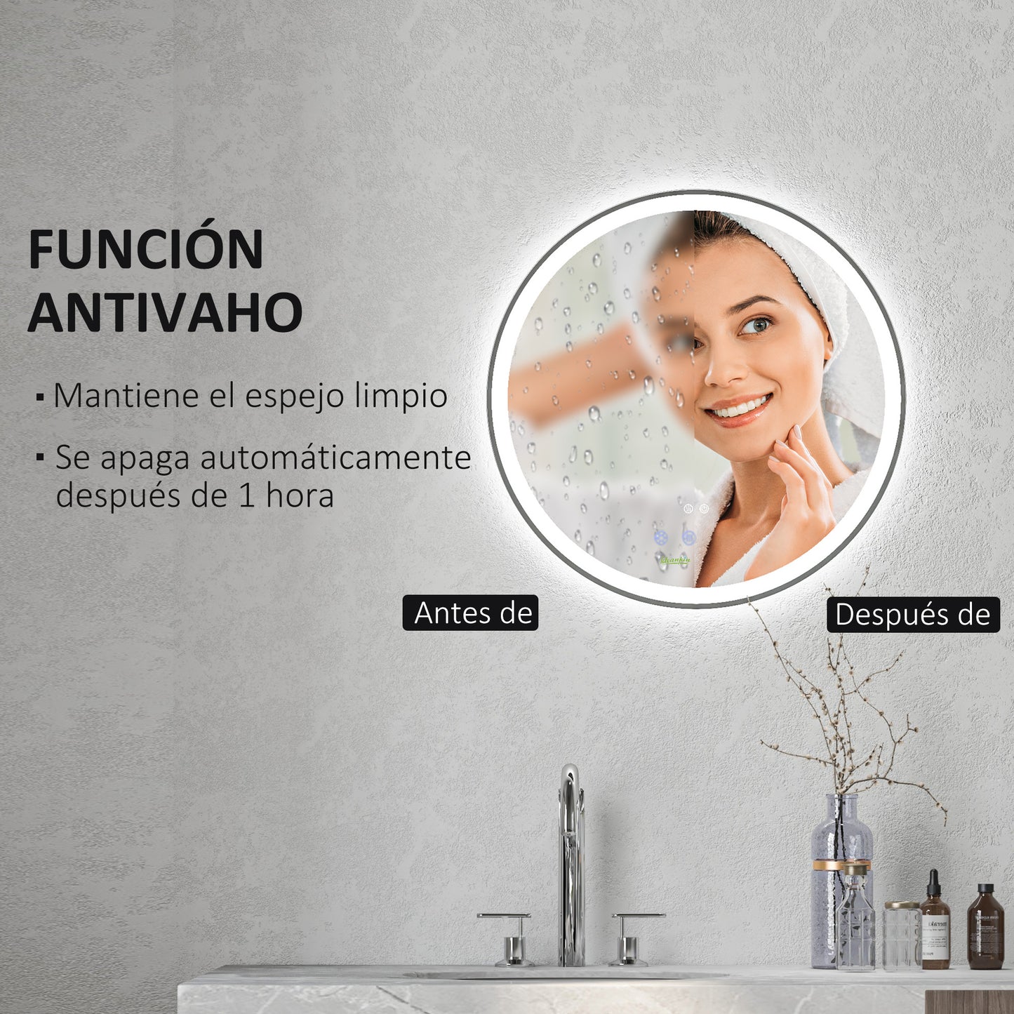 kleankin Espejo de Baño con Luces LED Ajustable Ø60 cm Espejo para Baño Redondo con Antivaho Función de Memoria e Interruptor Táctil para Salón Entrada Plata