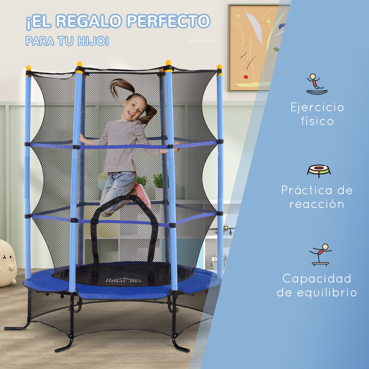 HOMCOM Cama Elástica Infantil Ø163x190 cm Trampolín para Niños de +3 Años con Red de Seguridad y Marco de Acero Carga 50 kg para Interior y Exterior Azul y Negro