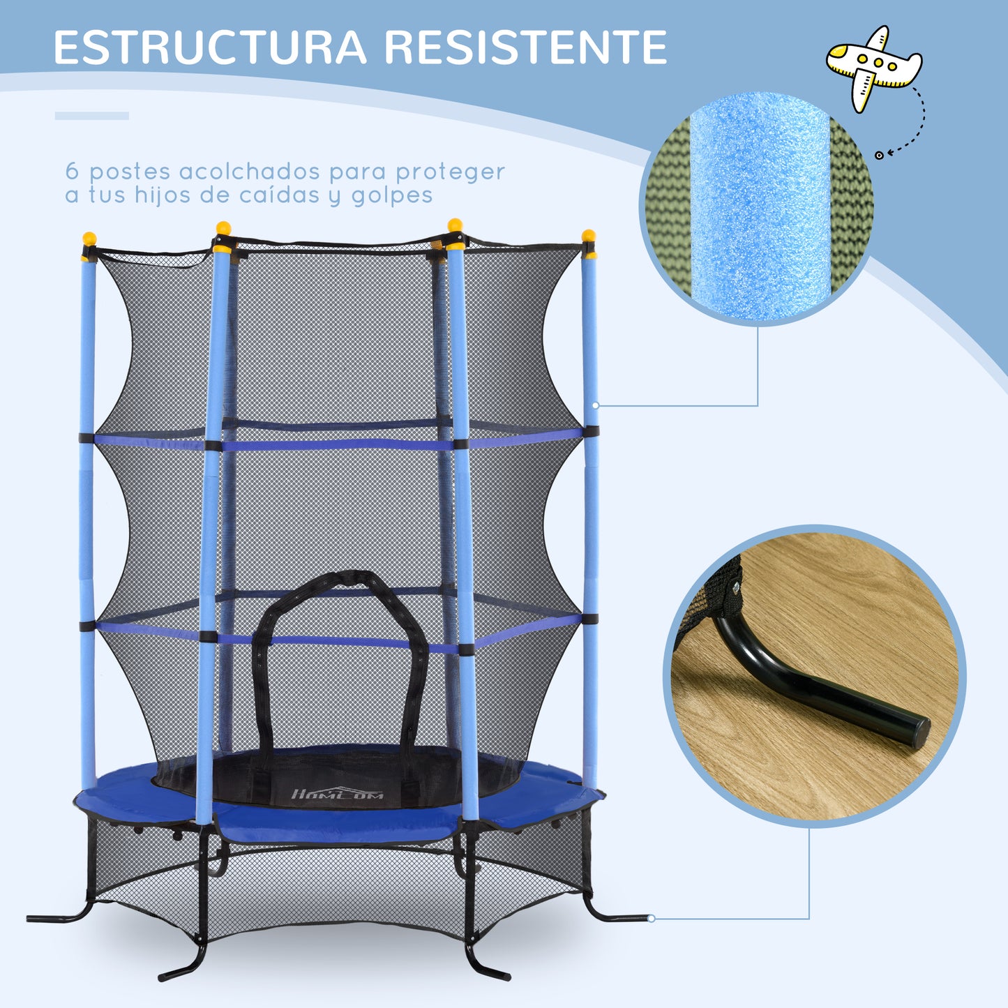 HOMCOM Cama Elástica Infantil Ø163x190 cm Trampolín para Niños de +3 Años con Red de Seguridad y Marco de Acero Carga 50 kg para Interior y Exterior Azul y Negro