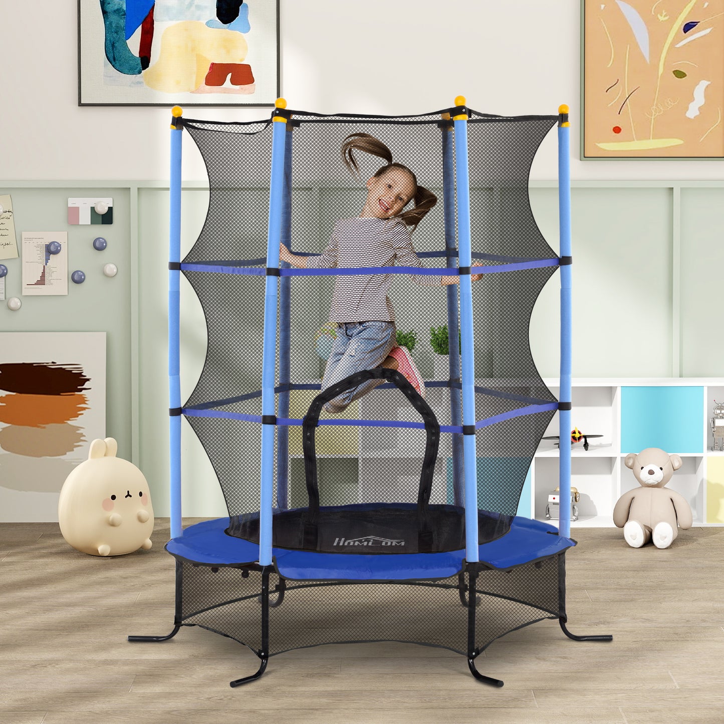 HOMCOM Cama Elástica Infantil Ø163x190 cm Trampolín para Niños de +3 Años con Red de Seguridad y Marco de Acero Carga 50 kg para Interior y Exterior Azul y Negro