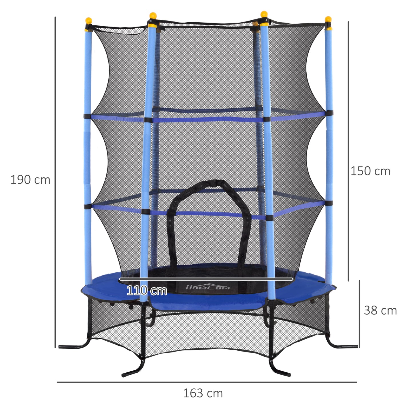 HOMCOM Cama Elástica Infantil Ø163x190 cm Trampolín para Niños de +3 Años con Red de Seguridad y Marco de Acero Carga 50 kg para Interior y Exterior Azul y Negro