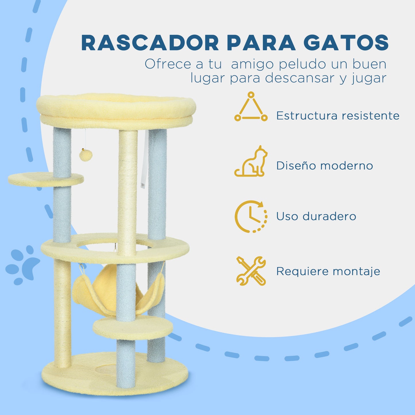 PawHut Árbol Rascador para Gatos Mediano 110 cm Torre para Gatos Centro de Actividades para Gatitos con Hamaca Poste de Sisal y Bola Colgante Ø58x110 cm Amarillo y Azul